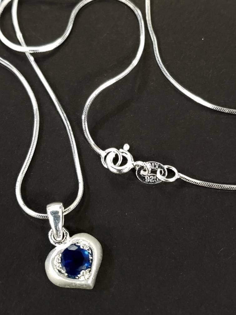 Blue Sapphire with Cubic Zirconia CZ Diamond 10mm Heart Pendant Matte with 925 Sterling Silver Italian chain Necklace in 16,18&quot;