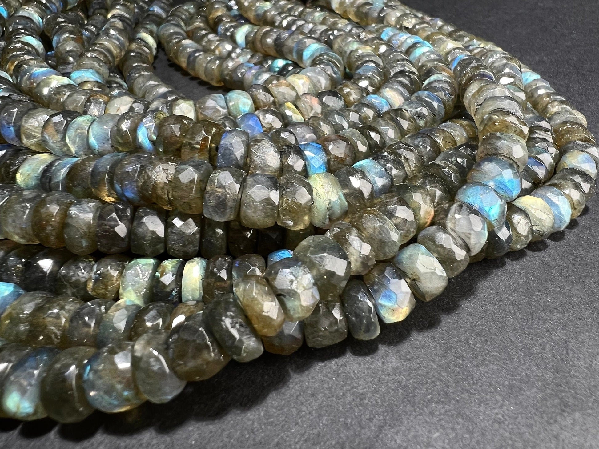 Labradorite 9-10mm faceted wheel roundel , tire shape gemstone beads 7.5” strand , single or bulk