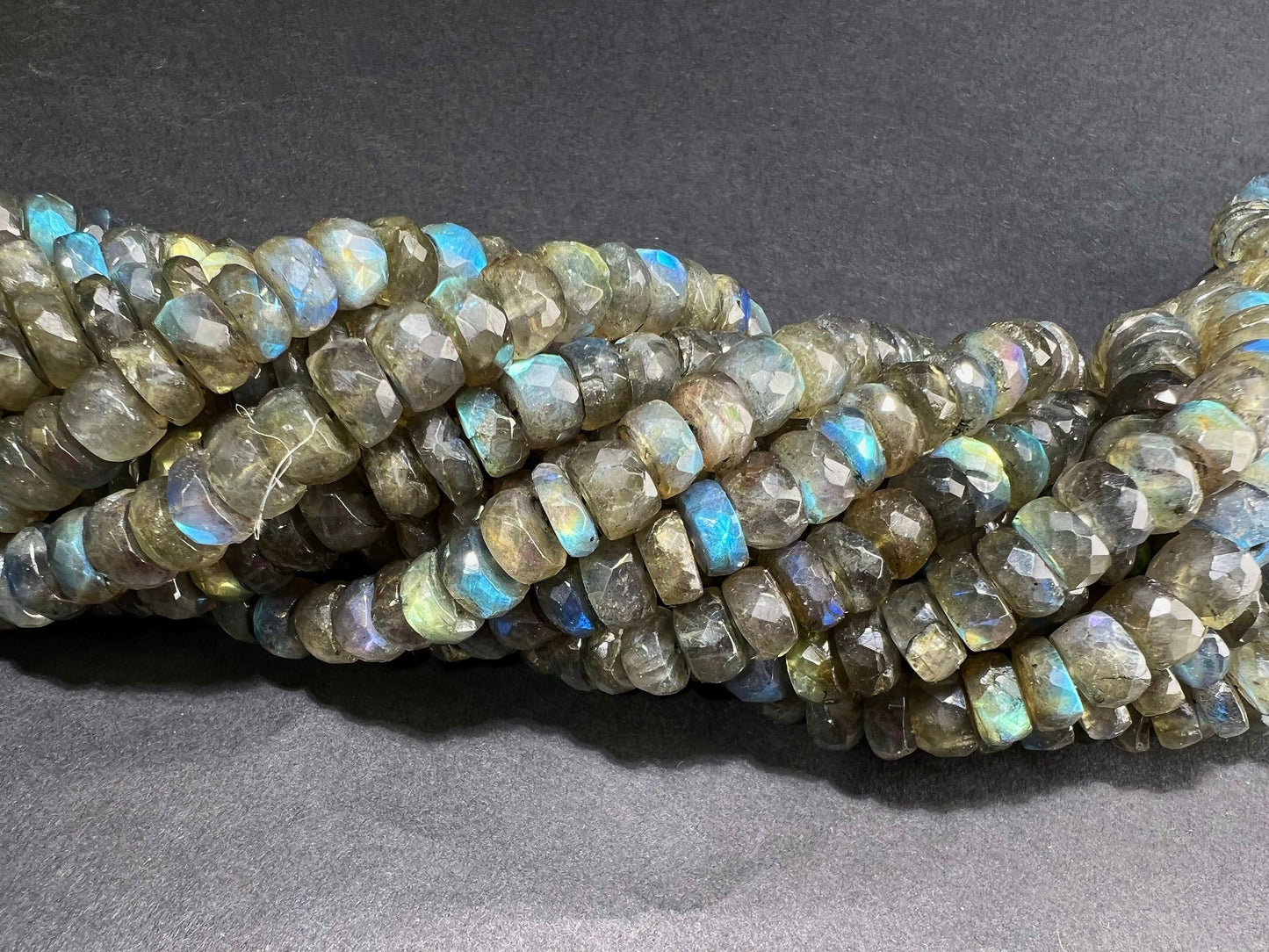 Labradorite 9-10mm faceted wheel roundel , tire shape gemstone beads 7.5” strand , single or bulk