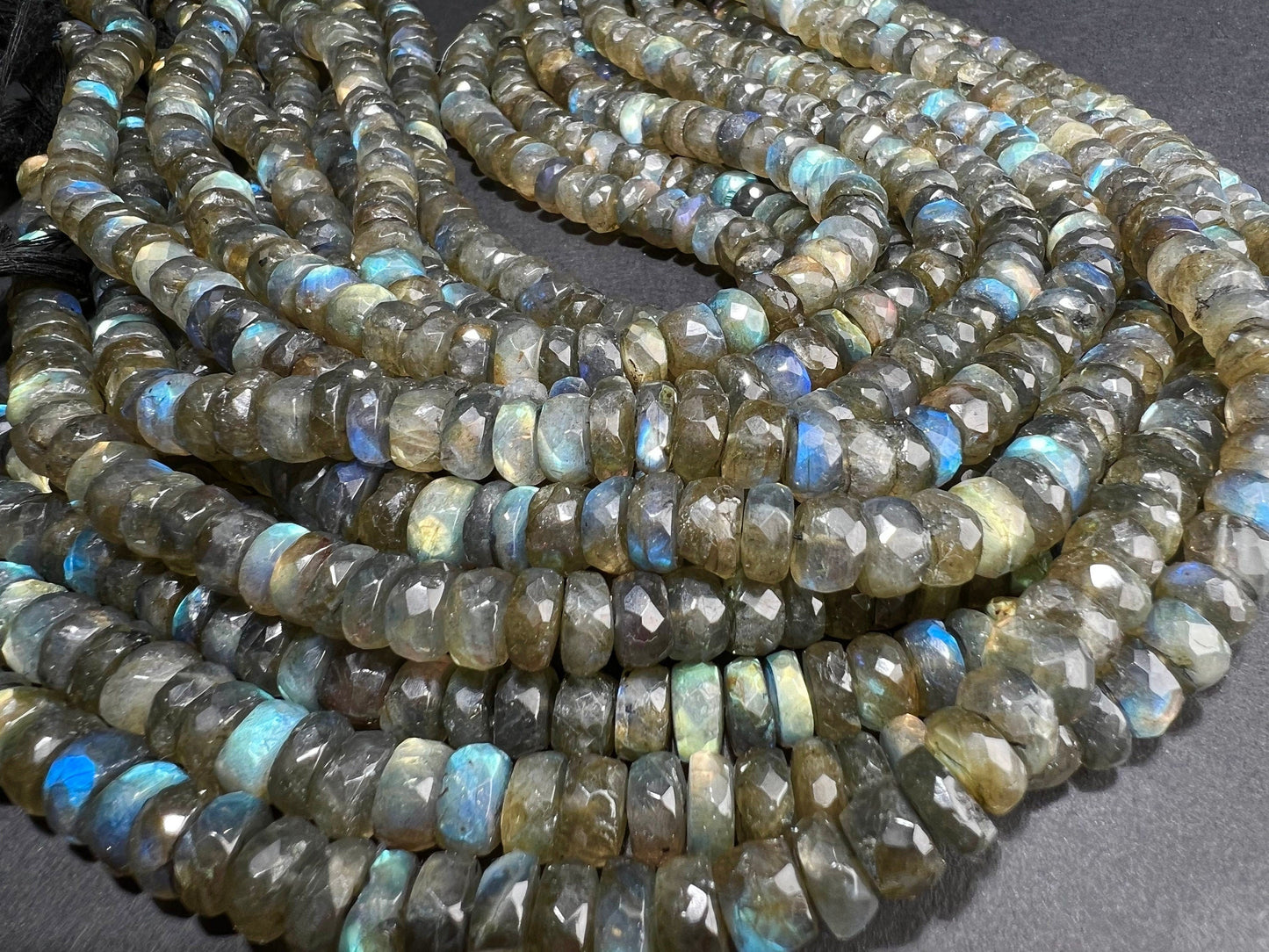 Labradorite 9-10mm faceted wheel roundel , tire shape gemstone beads 7.5” strand , single or bulk