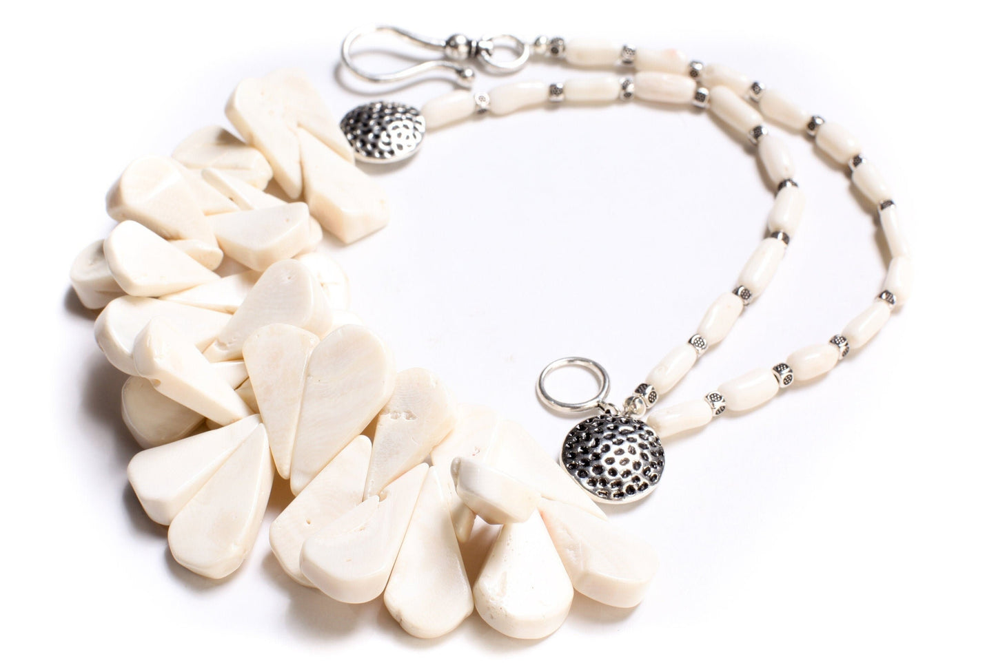 Genuine Bamboo Coral White Coral Long Teardrop 12x26-14x34mm, Accent Bali Style Beads, 5x11mm Coral Branches, Pear Drop Choker 21" Necklace
