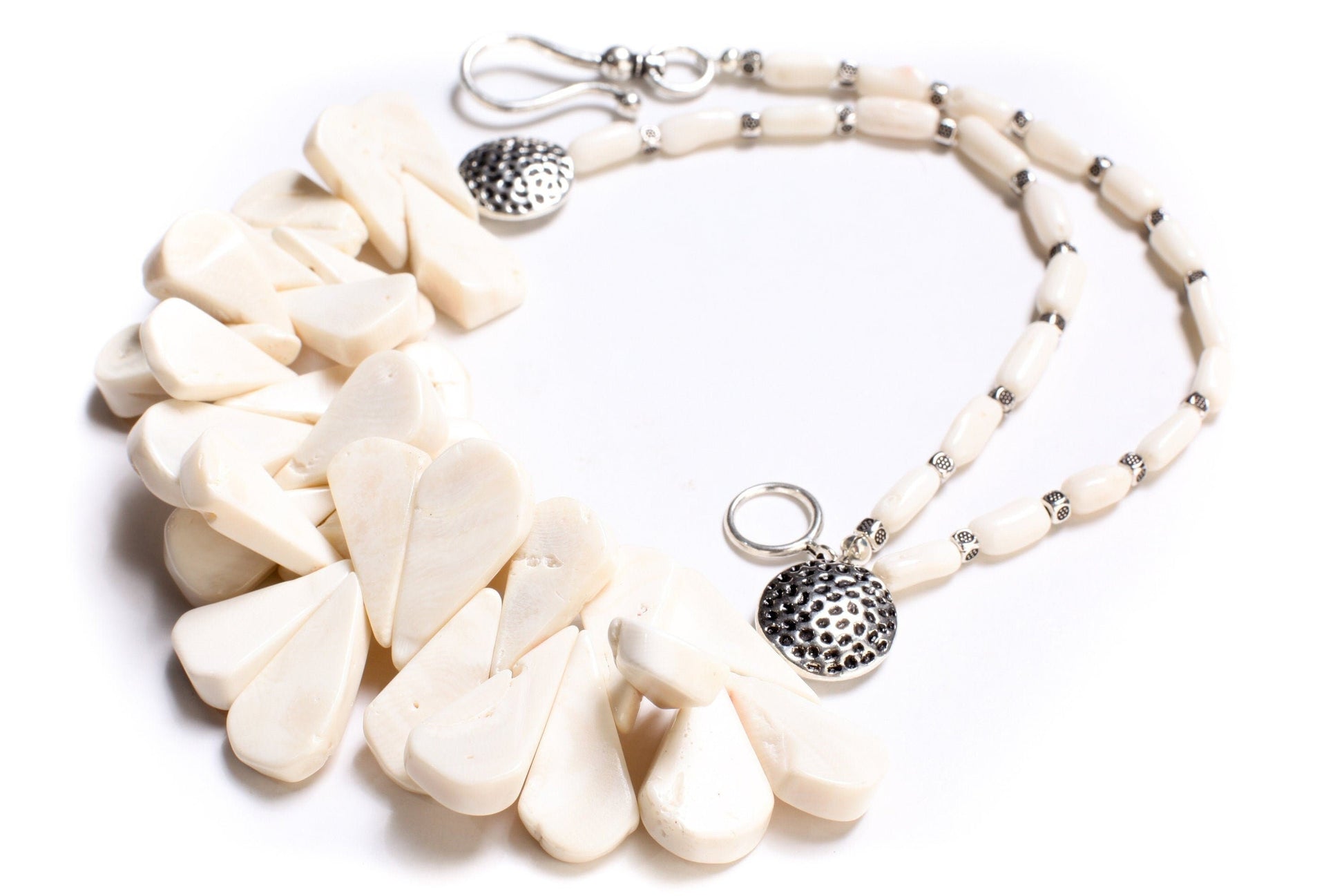 Genuine Bamboo Coral White Coral Long Teardrop 12x26-14x34mm, Accent Bali Style Beads, 5x11mm Coral Branches, Pear Drop Choker 21" Necklace