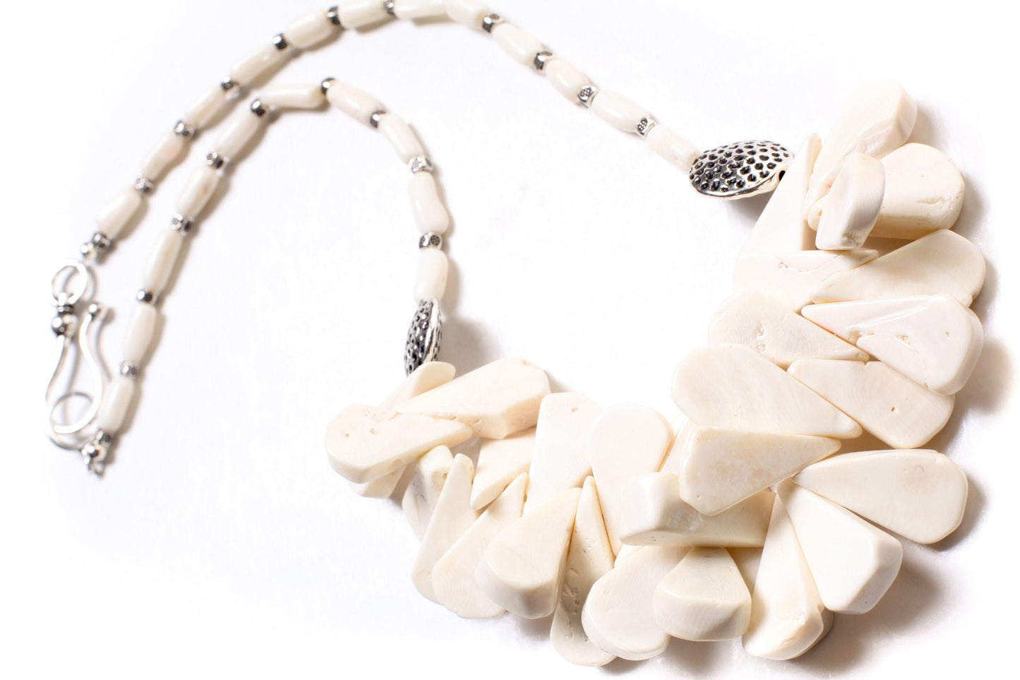 Genuine Bamboo Coral White Coral Long Teardrop 12x26-14x34mm, Accent Bali Style Beads, 5x11mm Coral Branches, Pear Drop Choker 21" Necklace