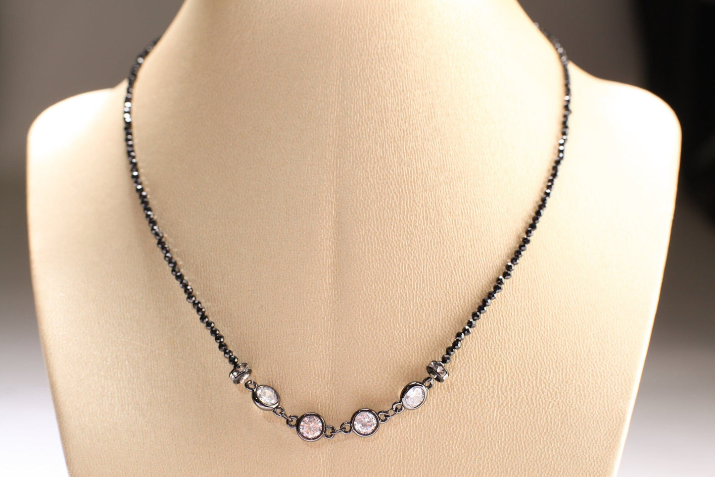 Black Spinel Diamond Cut Choker Necklace with 6.5mm Cubic Zirconia Disk and Rhinestone Spacers Necklace,