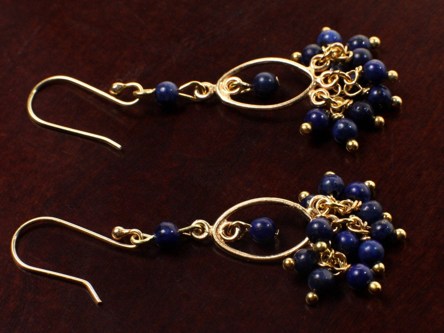 Genuine Lapis Lazuli Wire Wrapped Dangling Gold Vermeil,Gold Over 925 Sterling Silver Chandelier & Ear Wire, Blue Gemstone earrings