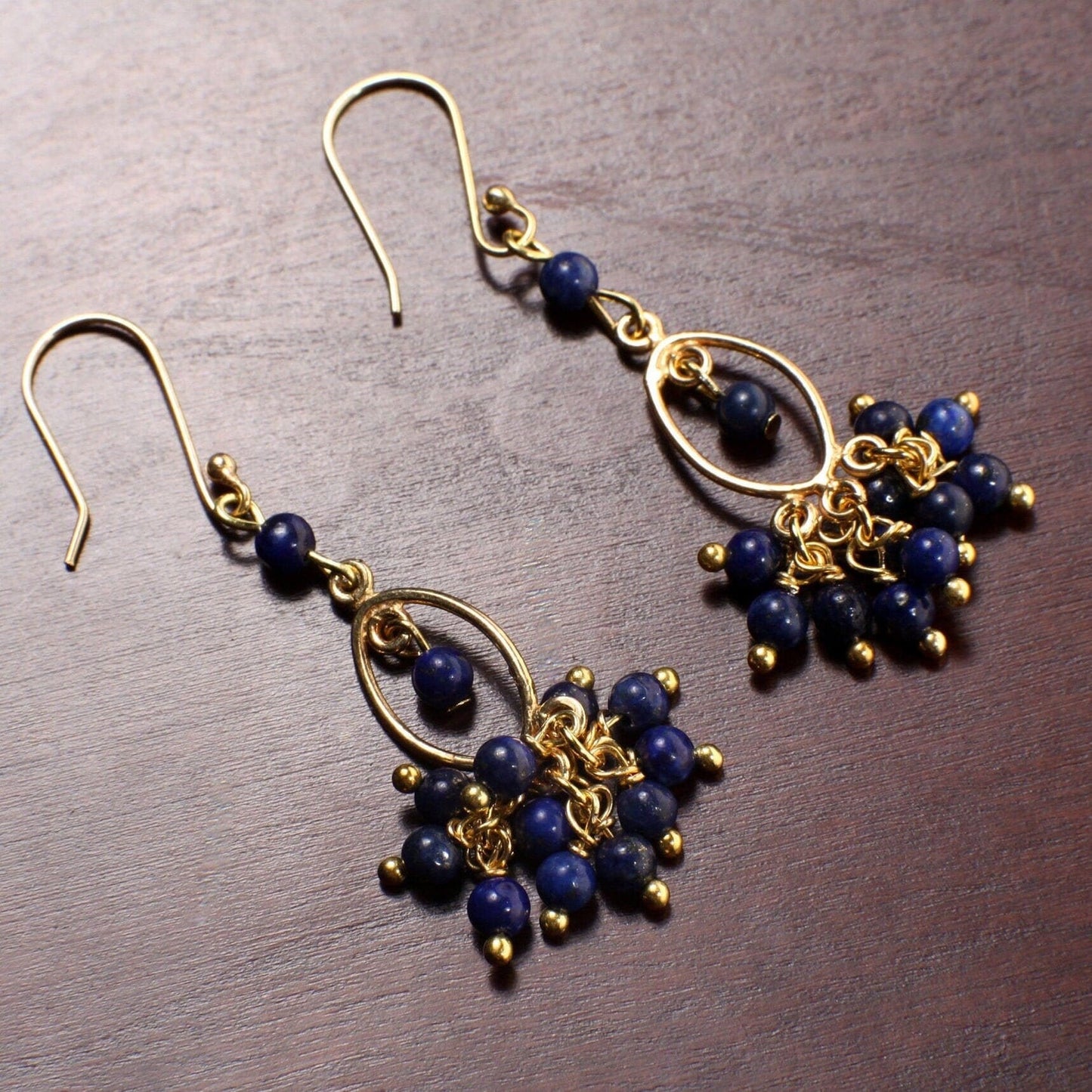 Genuine Lapis Lazuli Wire Wrapped Dangling Gold Vermeil,Gold Over 925 Sterling Silver Chandelier & Ear Wire, Blue Gemstone earrings