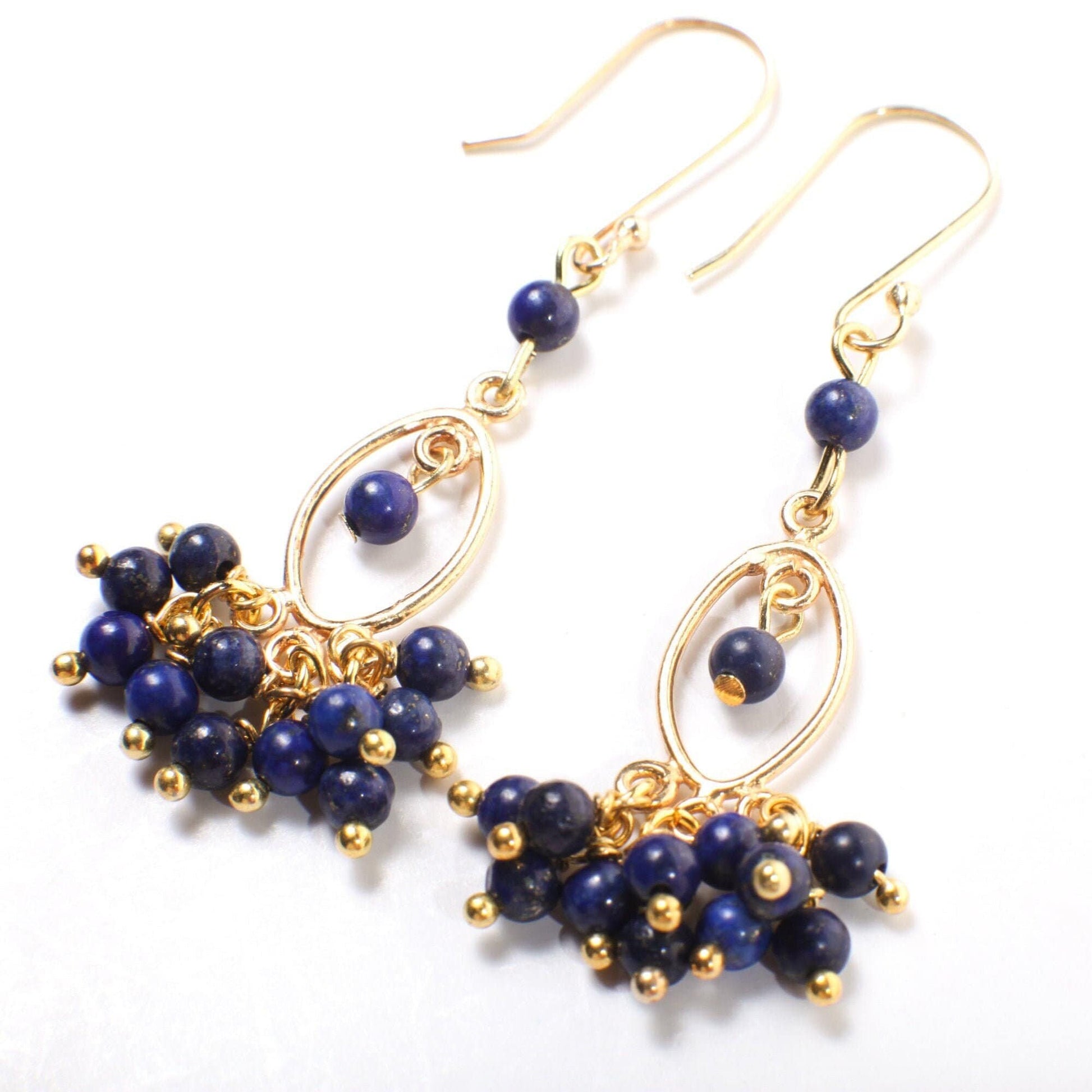 Genuine Lapis Lazuli Wire Wrapped Dangling Gold Vermeil,Gold Over 925 Sterling Silver Chandelier & Ear Wire, Blue Gemstone earrings