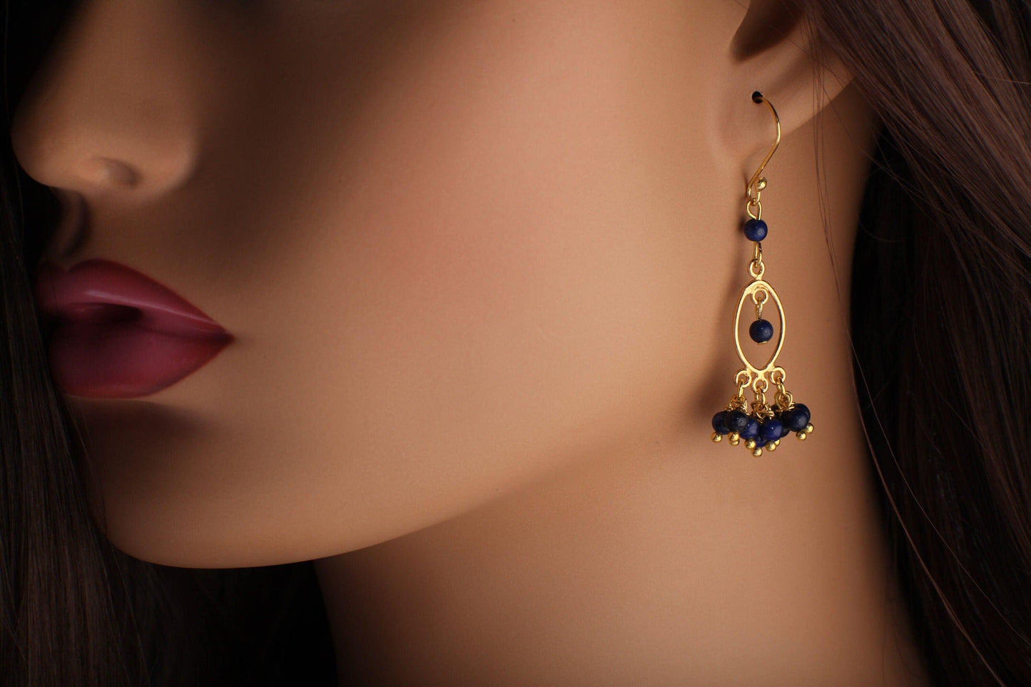 Genuine Lapis Lazuli Wire Wrapped Dangling Gold Vermeil,Gold Over 925 Sterling Silver Chandelier & Ear Wire, Blue Gemstone earrings