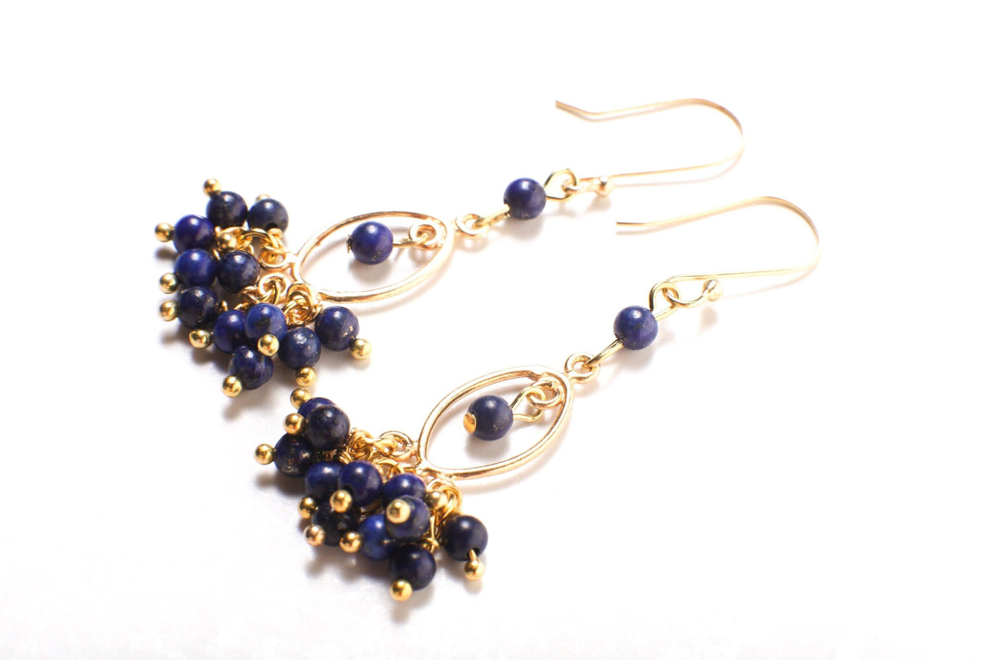 Genuine Lapis Lazuli Wire Wrapped Dangling Gold Vermeil,Gold Over 925 Sterling Silver Chandelier & Ear Wire, Blue Gemstone earrings