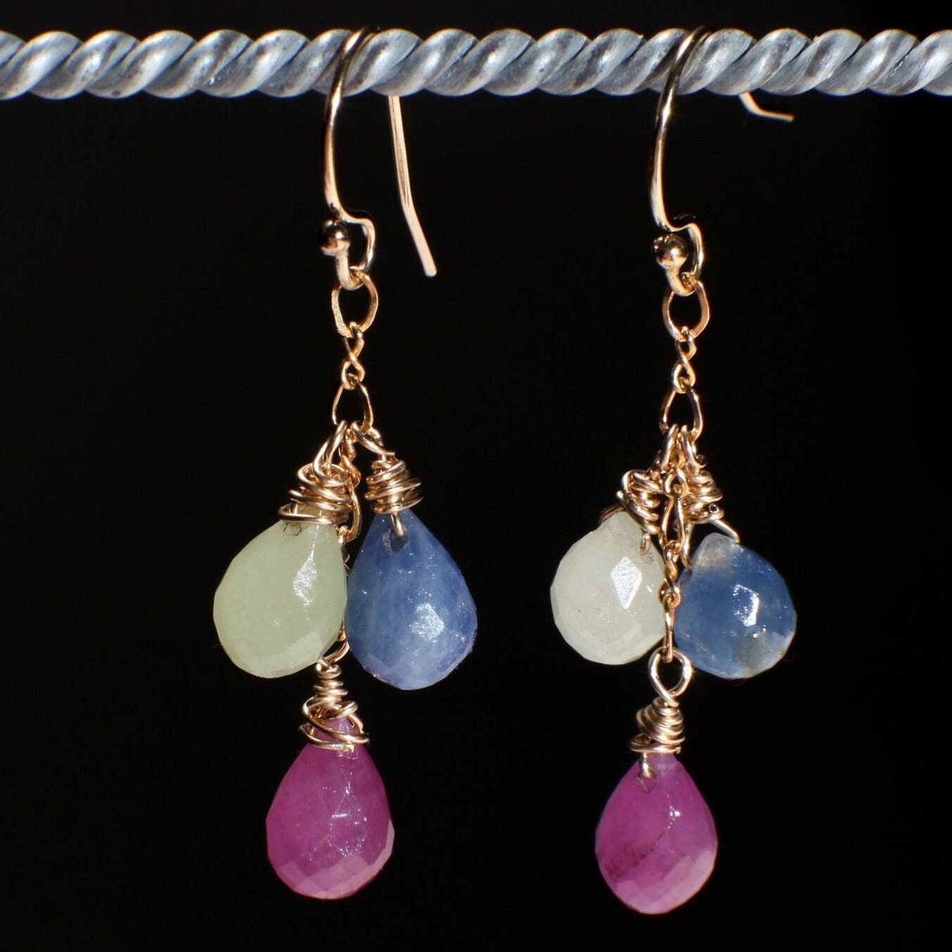 Sapphire Earrings, Genuine Multi Sapphire Briolette Wire Wrapped Teardrop in 14K Gold Filled Earwire