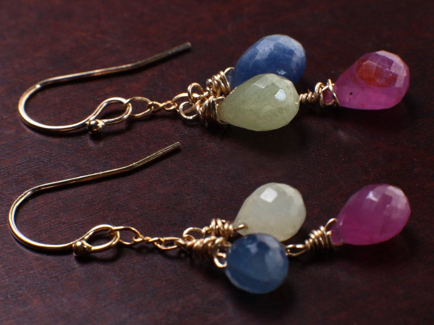 Sapphire Earrings, Genuine Multi Sapphire Briolette Wire Wrapped Teardrop in 14K Gold Filled Earwire