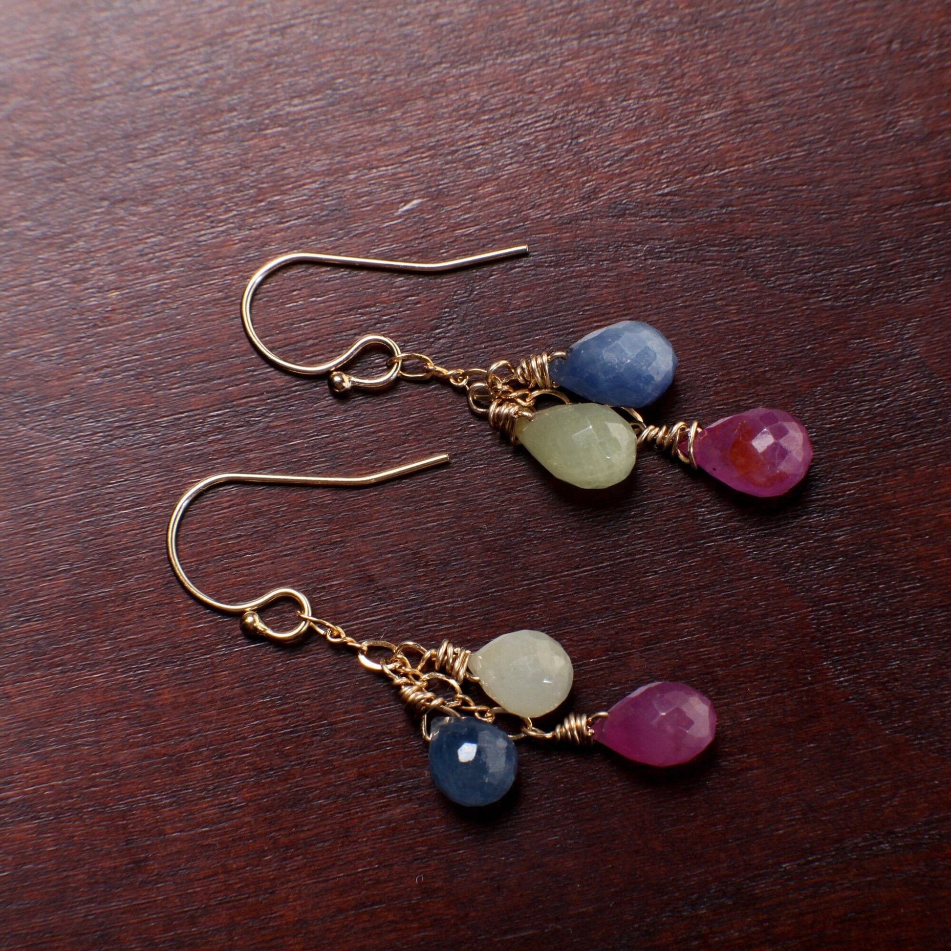 Sapphire Earrings, Genuine Multi Sapphire Briolette Wire Wrapped Teardrop in 14K Gold Filled Earwire