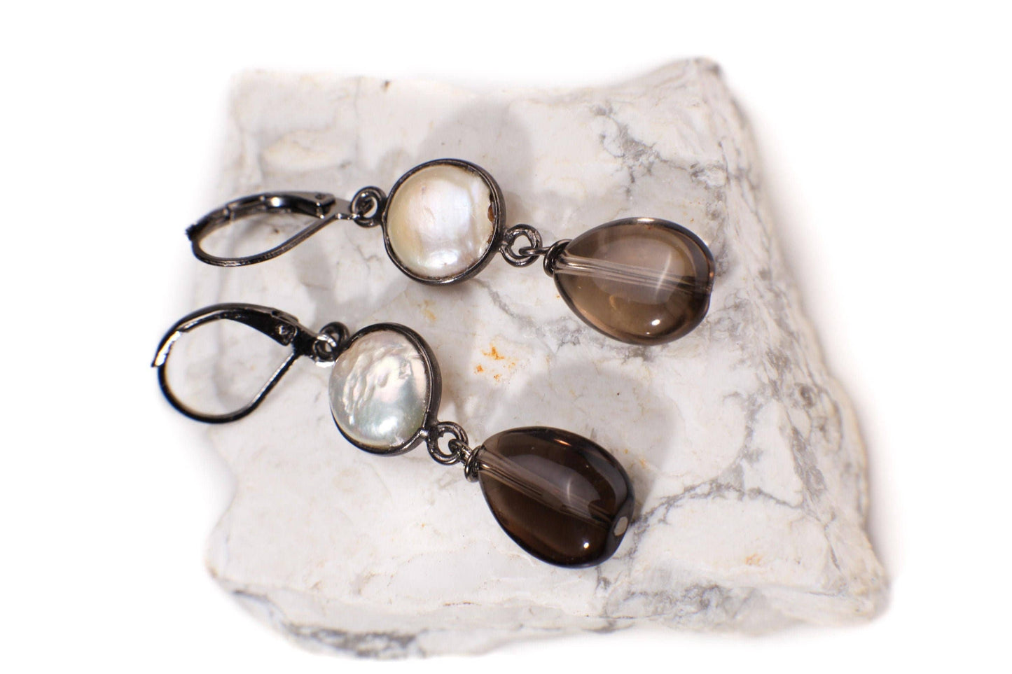 Freshwater Coin Pearl Oxidized Sterling Silver Bezel 11mm Dangle with Smokey Quartz Pear Drop 10x14mm Wire Wrapped Leverback Earrings