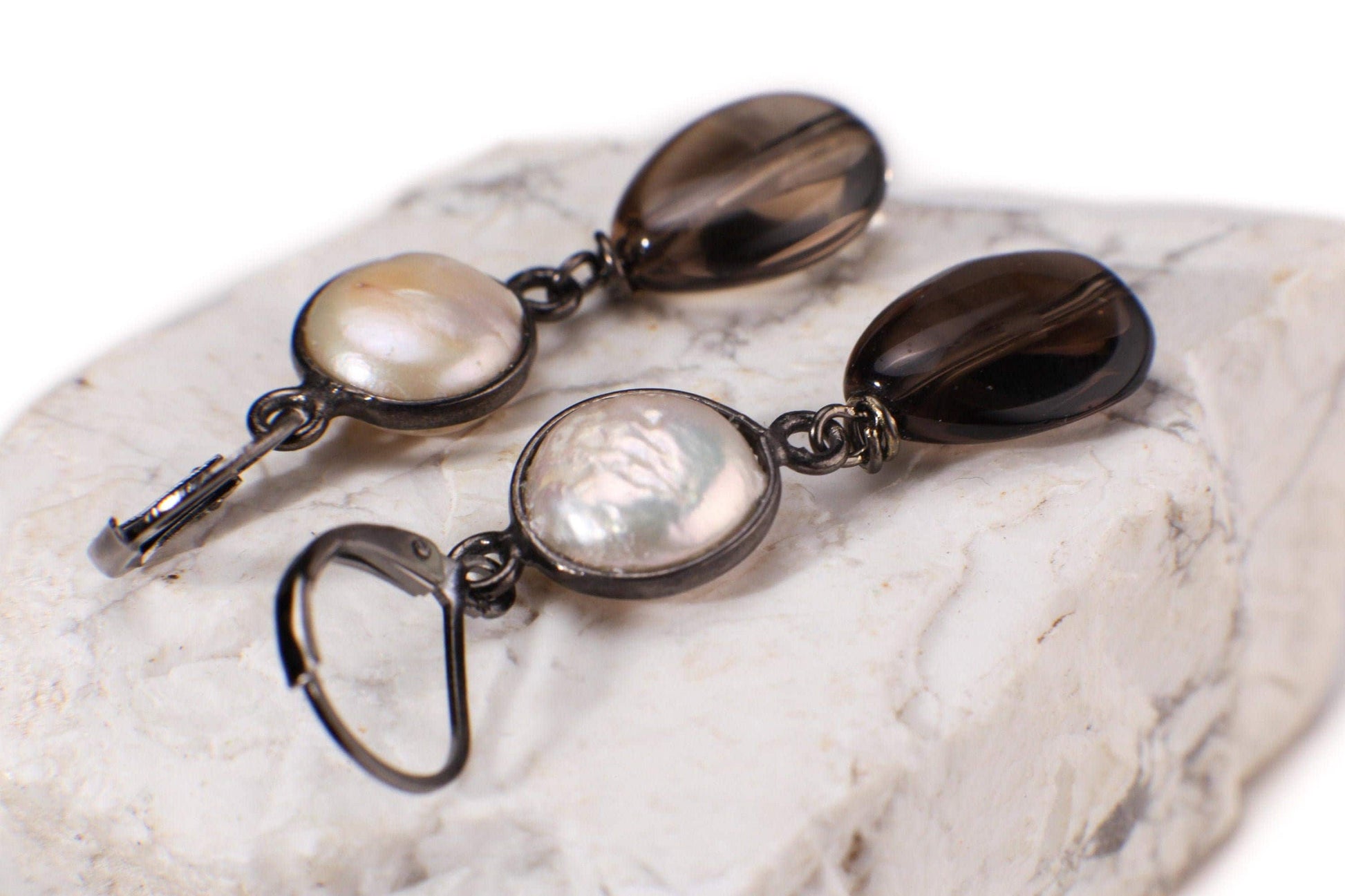 Freshwater Coin Pearl Oxidized Sterling Silver Bezel 11mm Dangle with Smokey Quartz Pear Drop 10x14mm Wire Wrapped Leverback Earrings