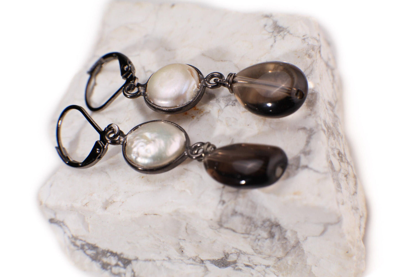 Freshwater Coin Pearl Oxidized Sterling Silver Bezel 11mm Dangle with Smokey Quartz Pear Drop 10x14mm Wire Wrapped Leverback Earrings