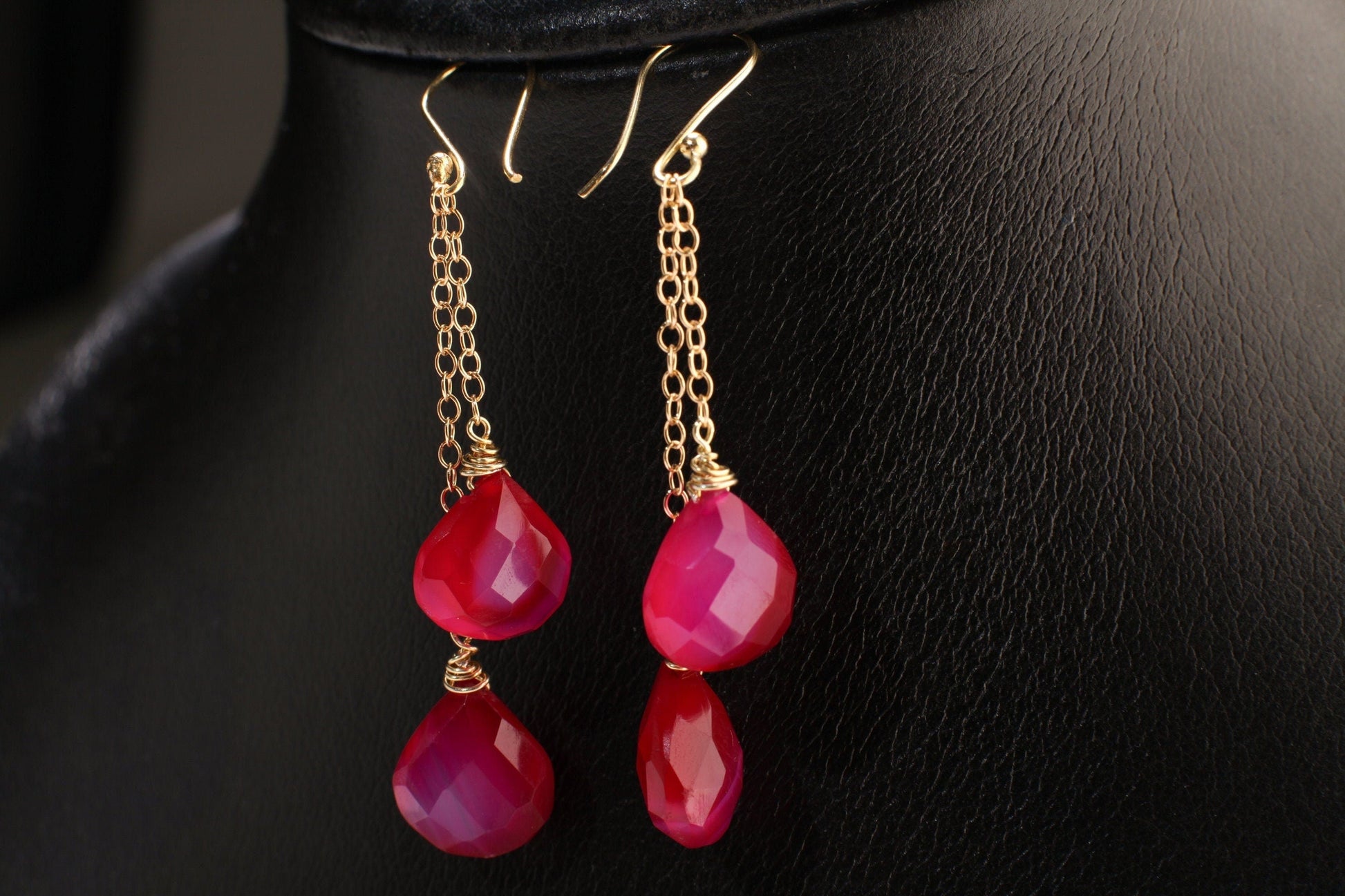 Hot Pink Chalcedony 12x13mm Briolette Wire Wrapped Teardrop, in 14K Gold Filled Dangle Chain & Earwire Boho Gemstone Jewelry valentine Gift