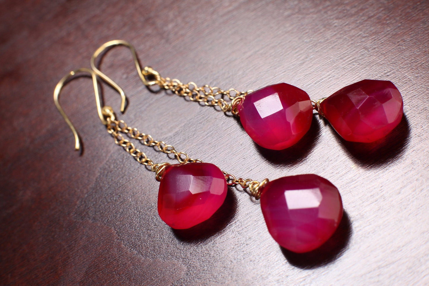 Hot Pink Chalcedony 12x13mm Briolette Wire Wrapped Teardrop, in 14K Gold Filled Dangle Chain & Earwire Boho Gemstone Jewelry valentine Gift
