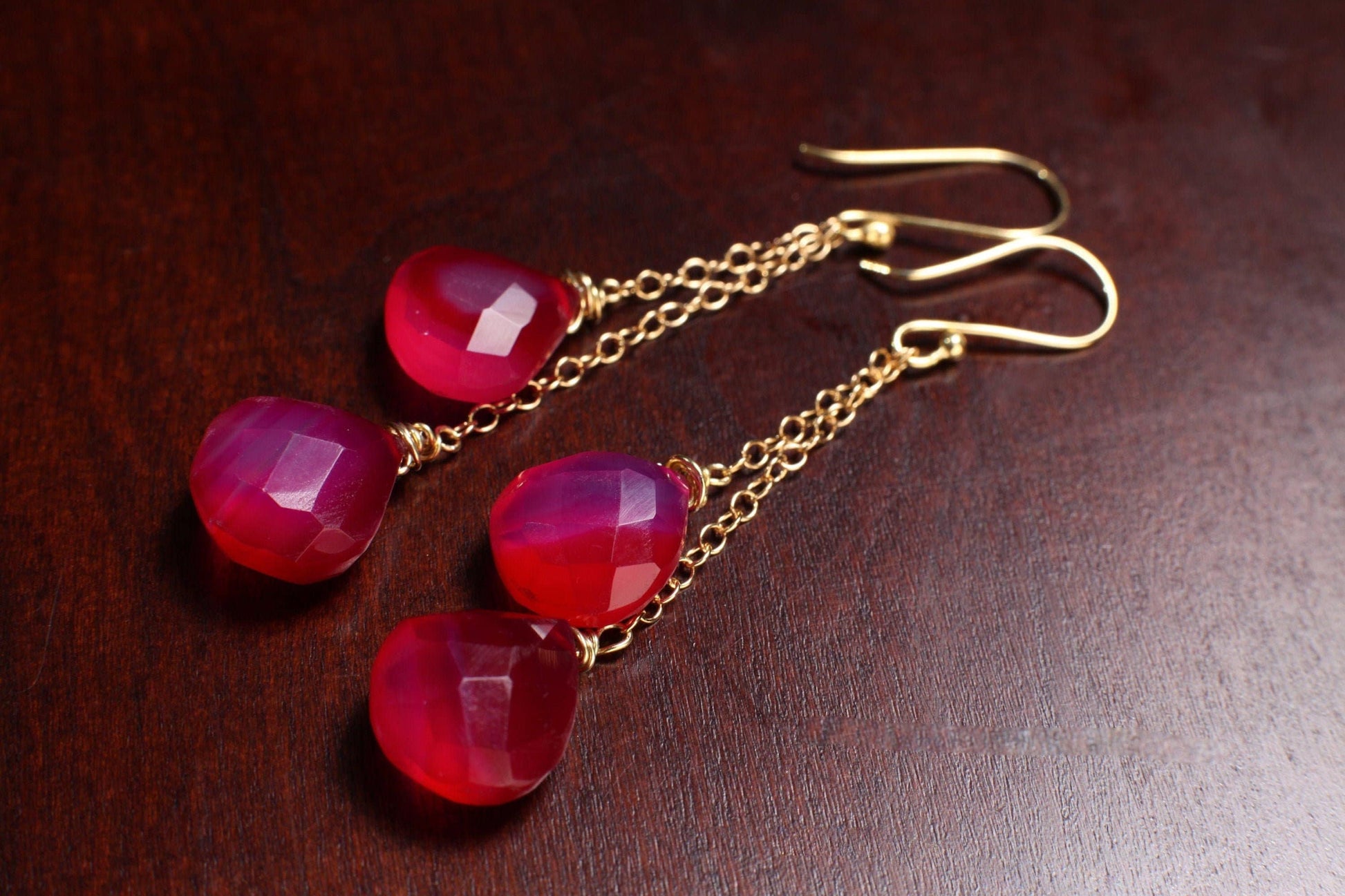 Hot Pink Chalcedony 12x13mm Briolette Wire Wrapped Teardrop, in 14K Gold Filled Dangle Chain & Earwire Boho Gemstone Jewelry valentine Gift