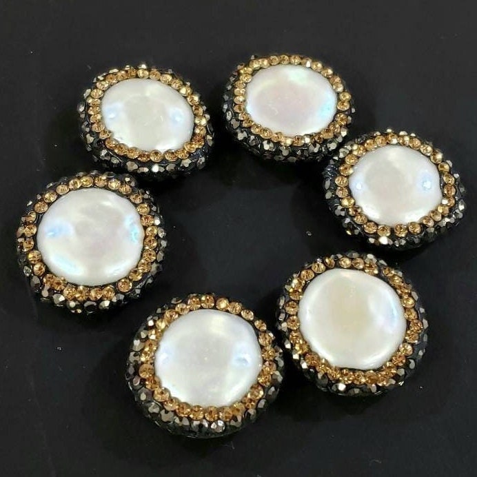 Fresh water coin pearl rhinestone pave crystal black and gold line bead, center drilled , 19mm sparkly connector, spacer or focal bead .