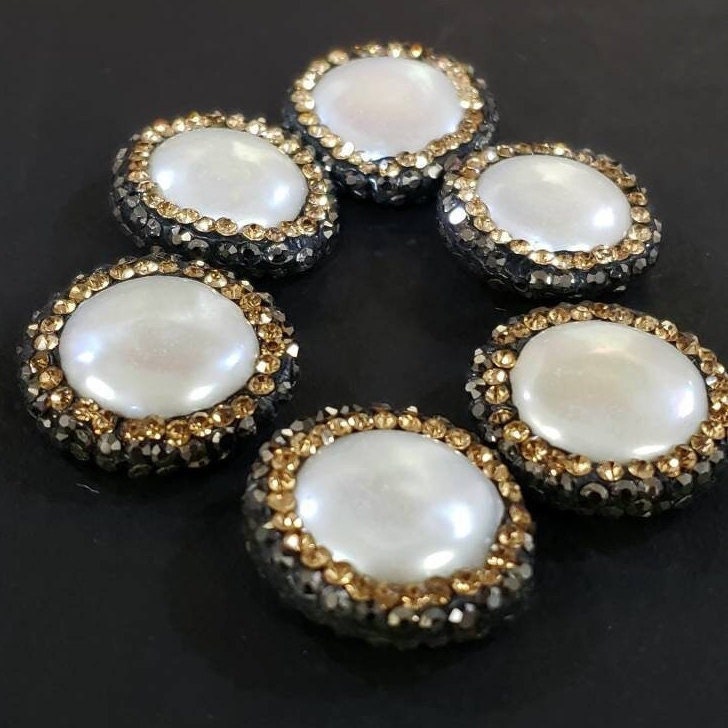 Fresh water coin pearl rhinestone pave crystal black and gold line bead, center drilled , 19mm sparkly connector, spacer or focal bead .