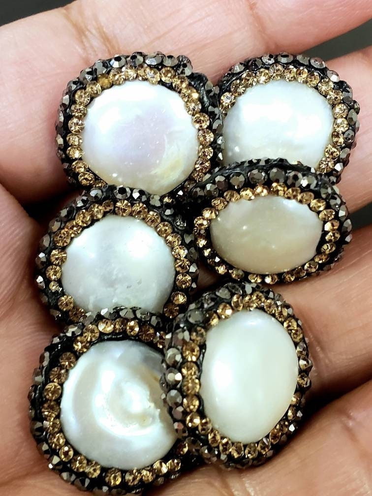 Fresh water coin pearl rhinestone pave crystal black and gold line bead, center drilled , 19mm sparkly connector, spacer or focal bead .