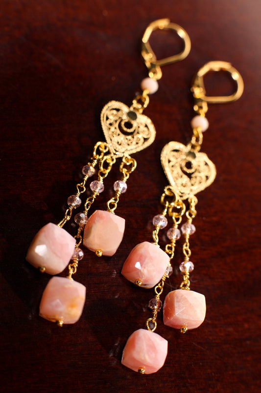 Natural Pink Peruvian Opal Earring, 8mm Cube Wire Wrapped in Gold Chandelier Leverback Ear Wire, October Birthstone, Bridal, Gift