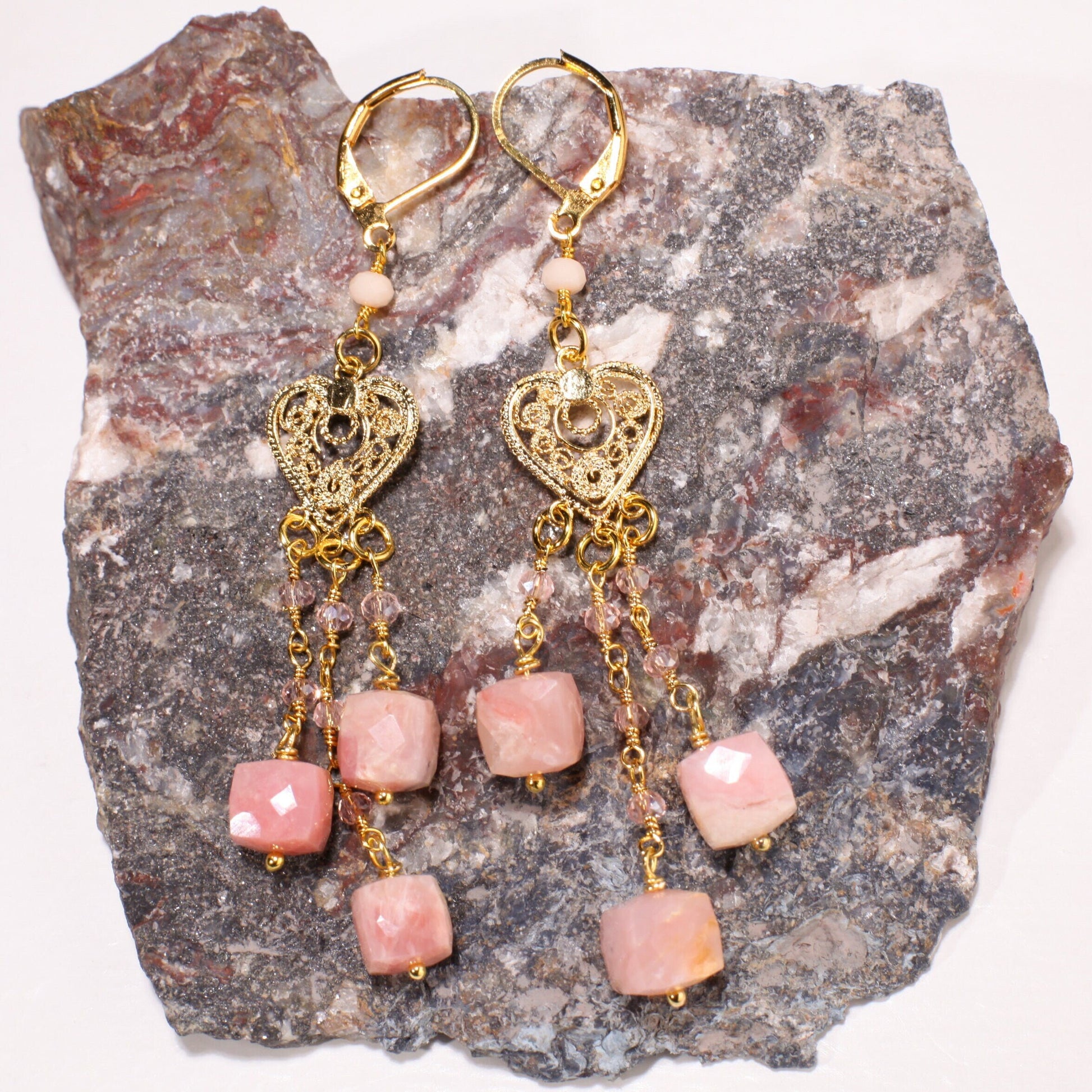 Natural Pink Peruvian Opal Earring, 8mm Cube Wire Wrapped in Gold Chandelier Leverback Ear Wire, October Birthstone, Bridal, Gift