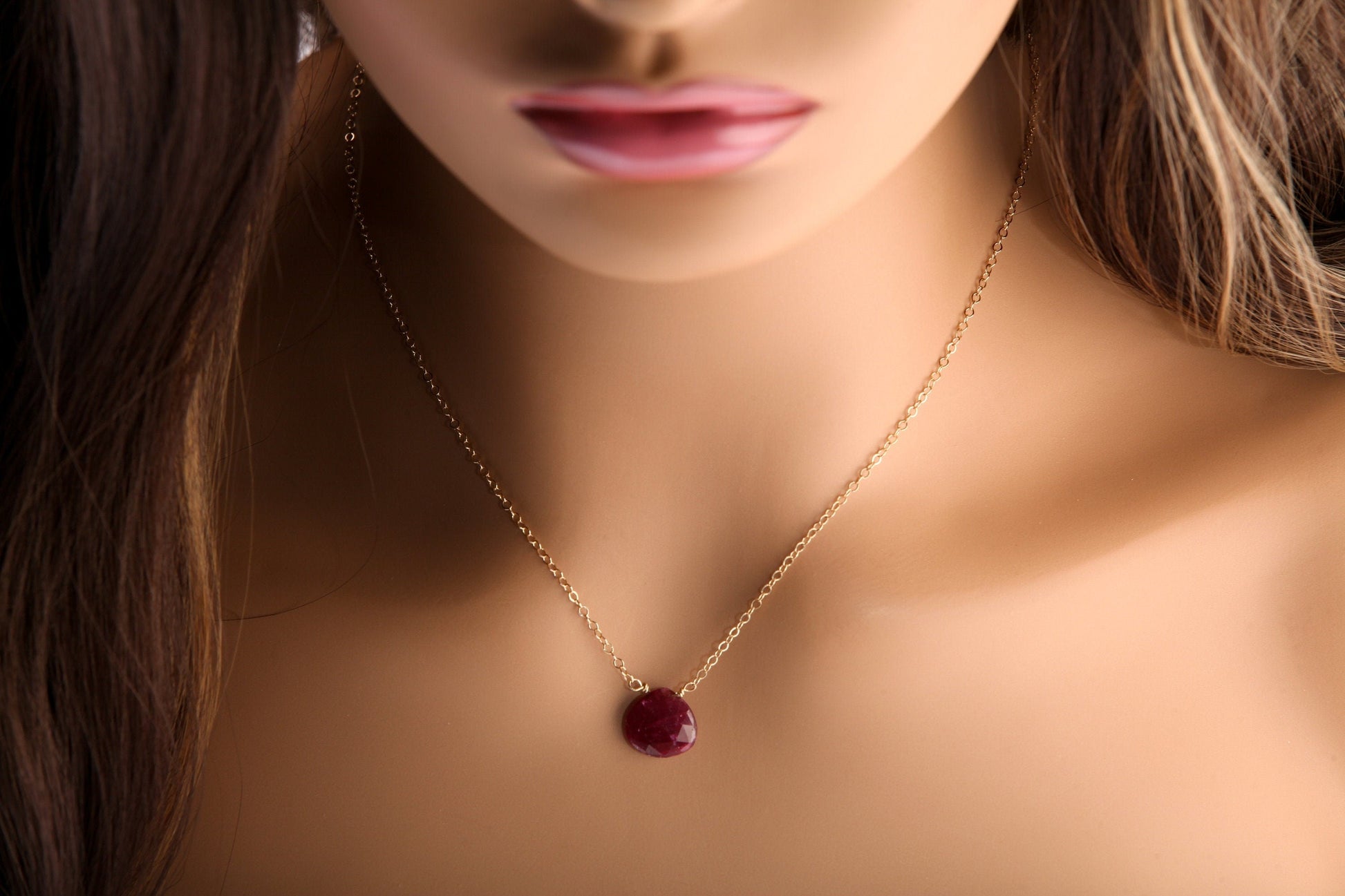 Ruby Necklace Set, Genuine Ruby Faceted 12mm Heart Briolette Teardrop Earrings and Necklace in 14K Gold Filled Cable Chain & Kidney Earwire