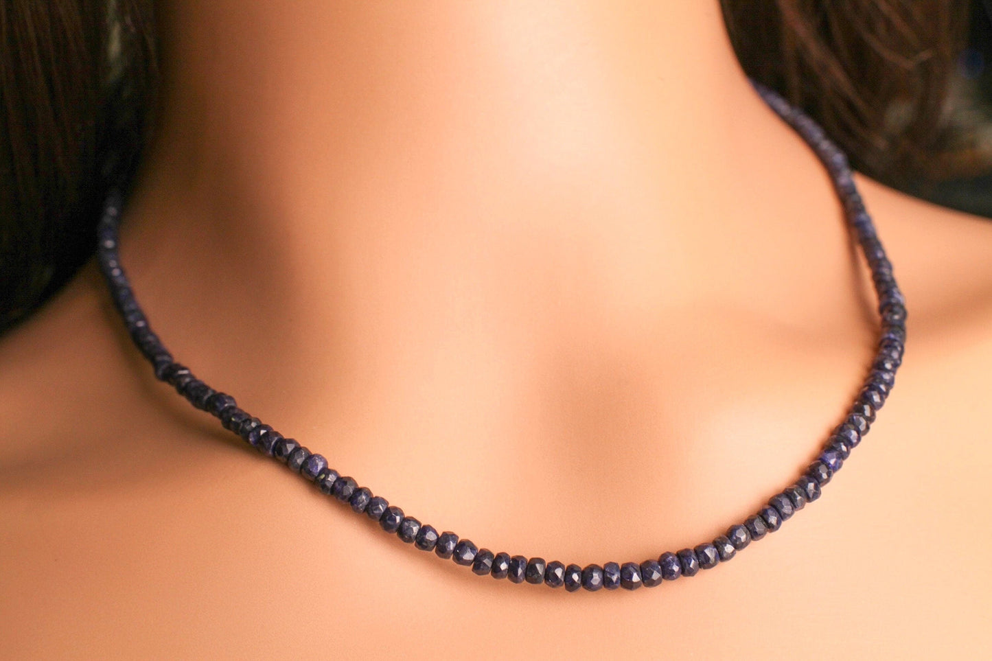 Genuine Sapphire Faceted Roundel 4mm Dark Blue Sapphire Gemstone Statement Necklace with Fancy Rhodium Silver lobster clasp