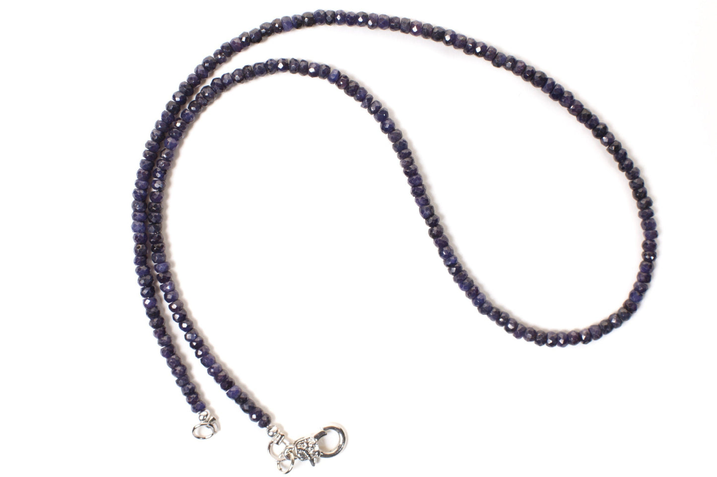Genuine Sapphire Faceted Roundel 4mm Dark Blue Sapphire Gemstone Statement Necklace with Fancy Rhodium Silver lobster clasp