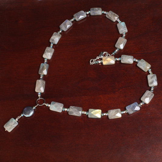 Labradorite blue flash 10x14mm Faceted Pillow Shape with Dangle 12mm Freshwater Coin Pearl Centerpiece Y Necklace 19", elegant gift