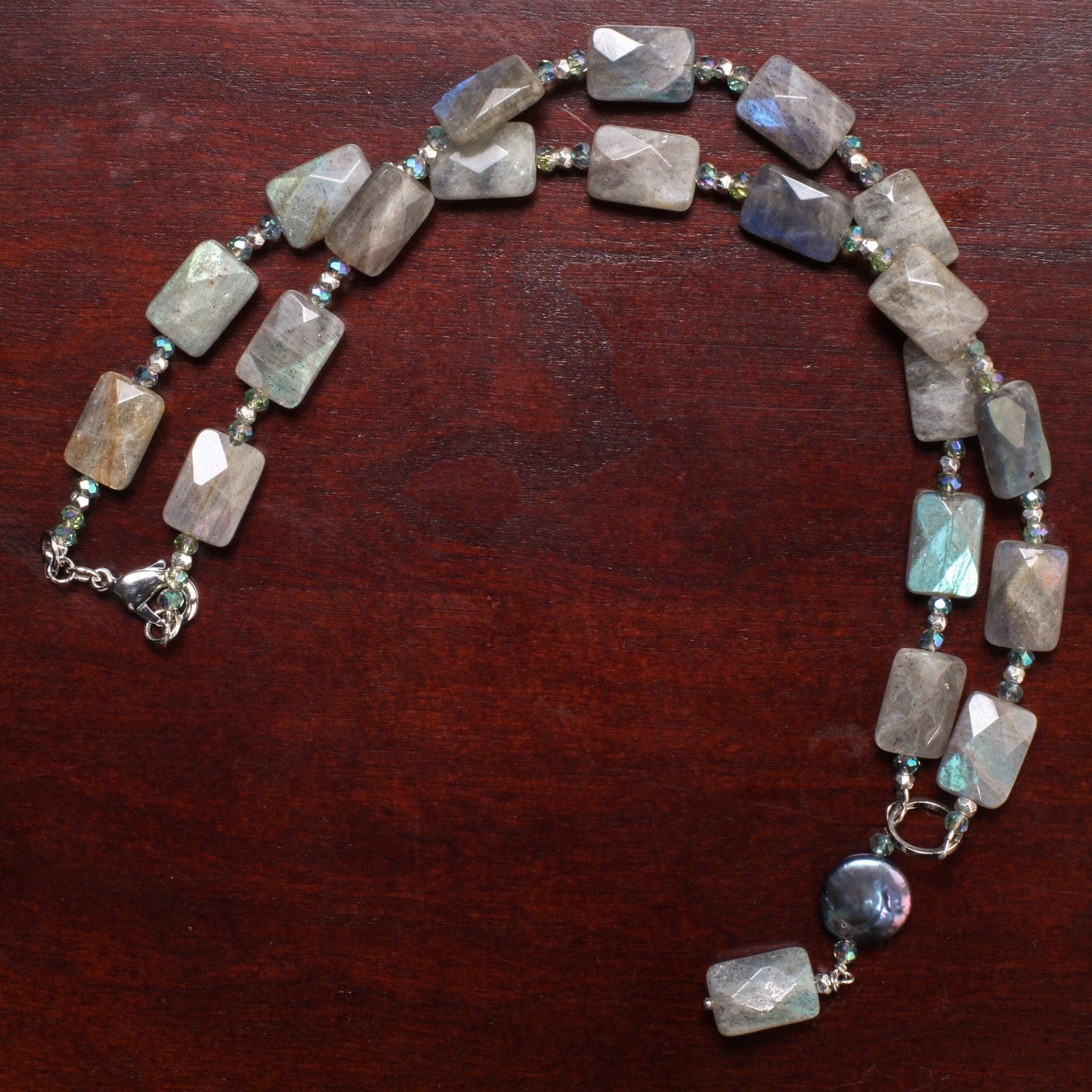 Labradorite blue flash 10x14mm Faceted Pillow Shape with Dangle 12mm Freshwater Coin Pearl Centerpiece Y Necklace 19&quot;, elegant gift