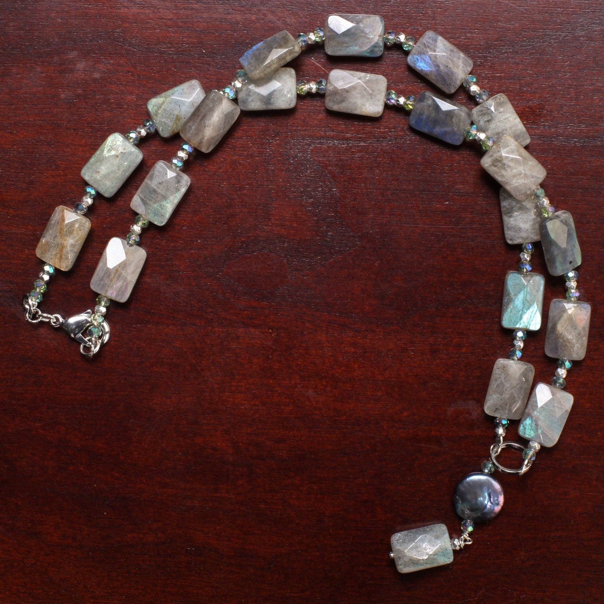 Labradorite blue flash 10x14mm Faceted Pillow Shape with Dangle 12mm Freshwater Coin Pearl Centerpiece Y Necklace 19&quot;, elegant gift
