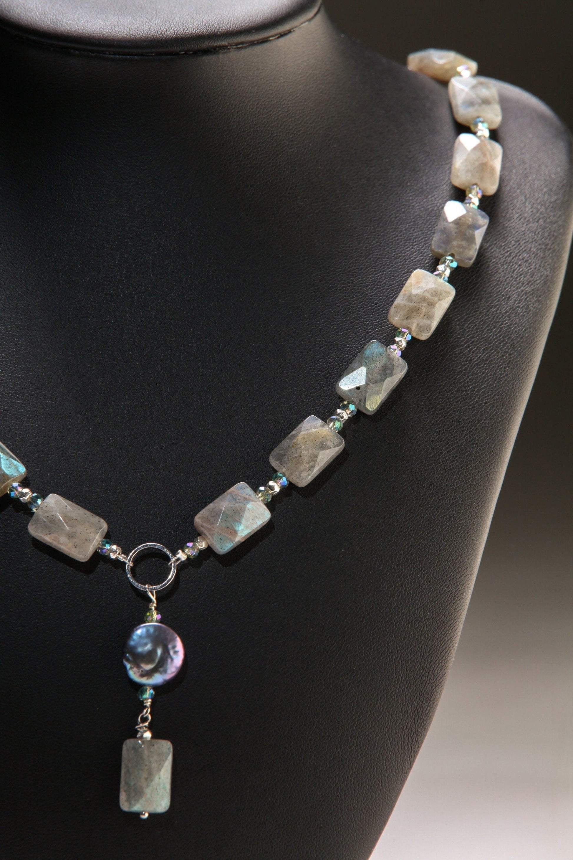 Labradorite blue flash 10x14mm Faceted Pillow Shape with Dangle 12mm Freshwater Coin Pearl Centerpiece Y Necklace 19", elegant gift