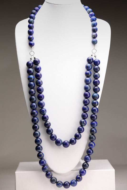 Natural Lapis Lazuli 18mm 2 Layer 19" and 27" and 12" Stones in the back, Handmade Necklace, 7.5" Bracelet, Matching Earrings Jewelry Set