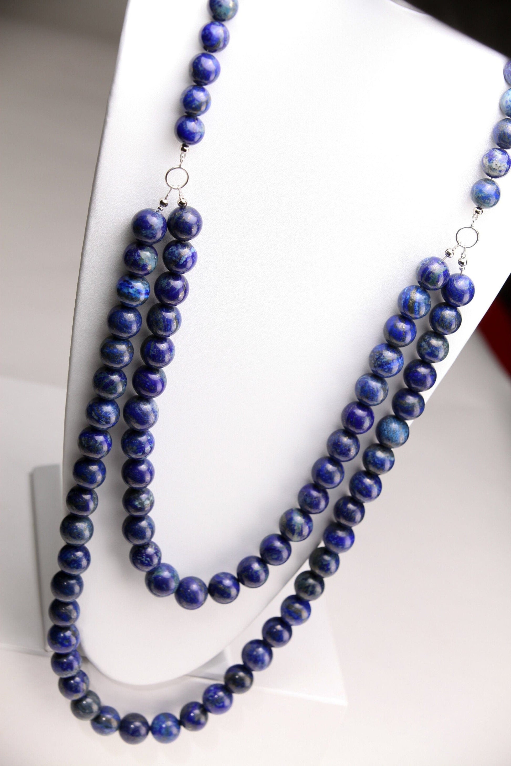 Natural Lapis Lazuli 18mm 2 Layer 19" and 27" and 12" Stones in the back, Handmade Necklace, 7.5" Bracelet, Matching Earrings Jewelry Set