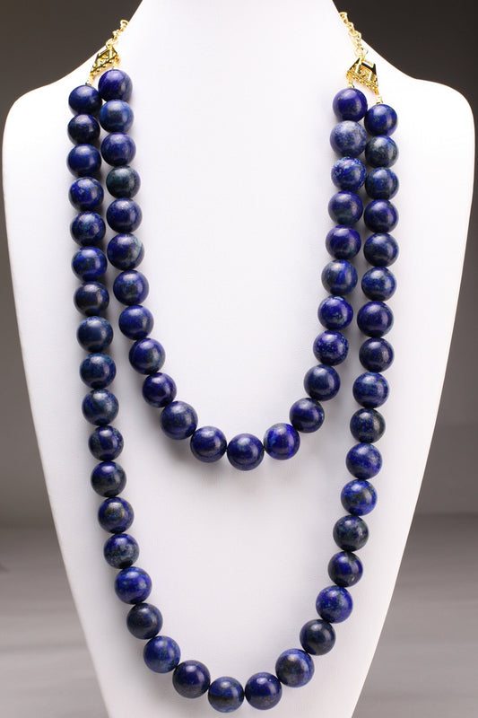 Natural Lapis Lazuli 18mm 2 Layer 18&quot; and 27&quot; Handmade Necklace, 7.5&quot; Bracelet, Matching Earrings Jewelry Set