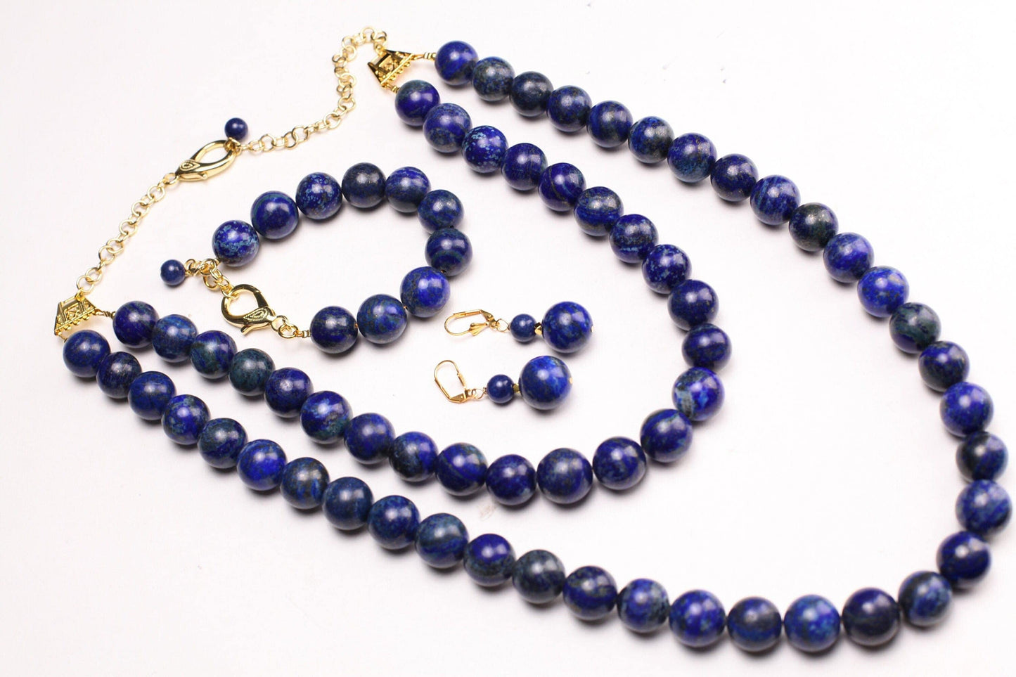 Natural Lapis Lazuli 18mm 2 Layer 18" and 27" Handmade Necklace, 7.5" Bracelet, Matching Earrings Jewelry Set