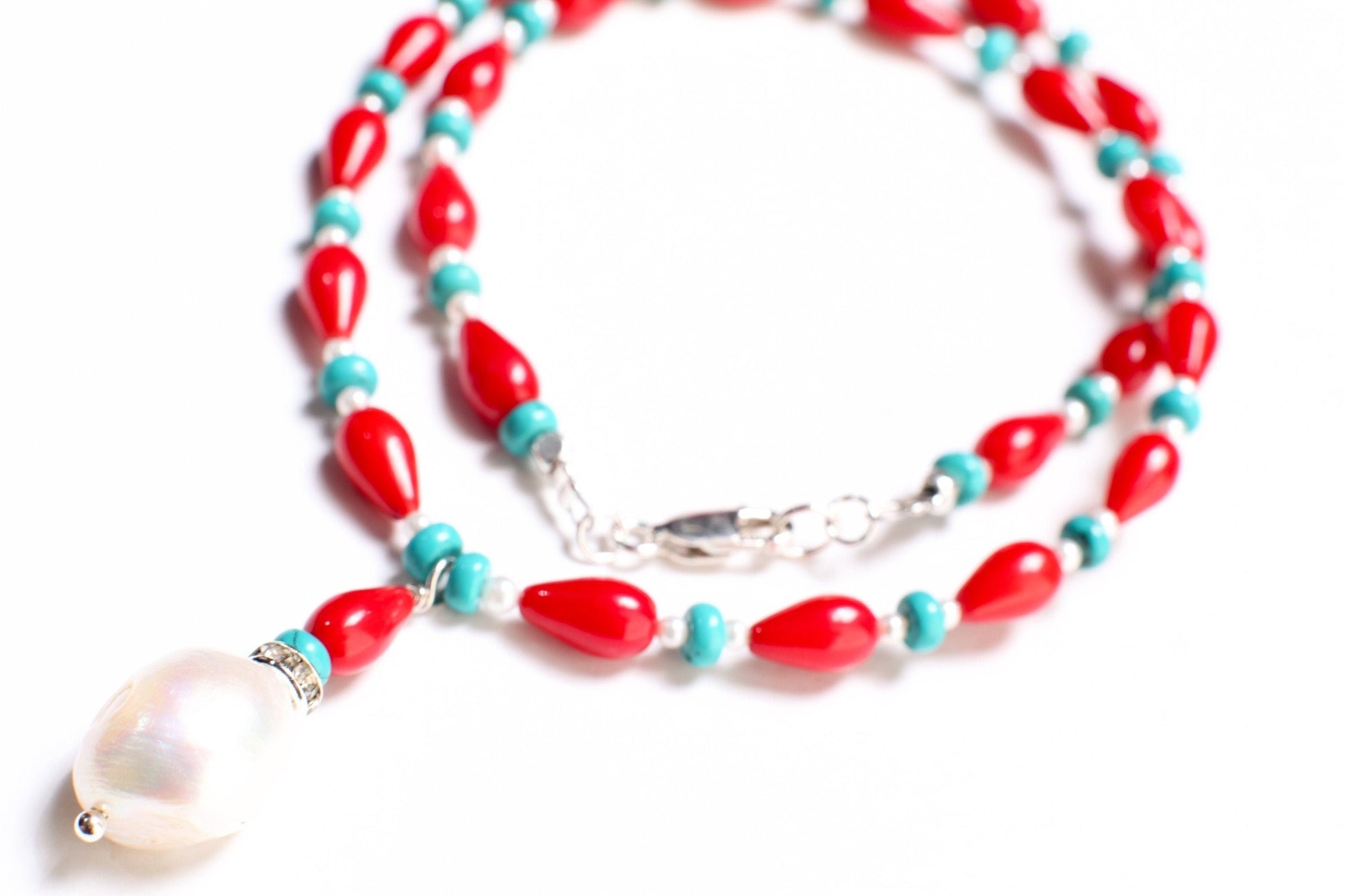Genuine AAA Red Bamboo 5x9mm Coral Tear drop with Turquoise 4mm Roundel & Fresh Water pearl Spacers, 925 Sterling Silver Necklace 14-30"