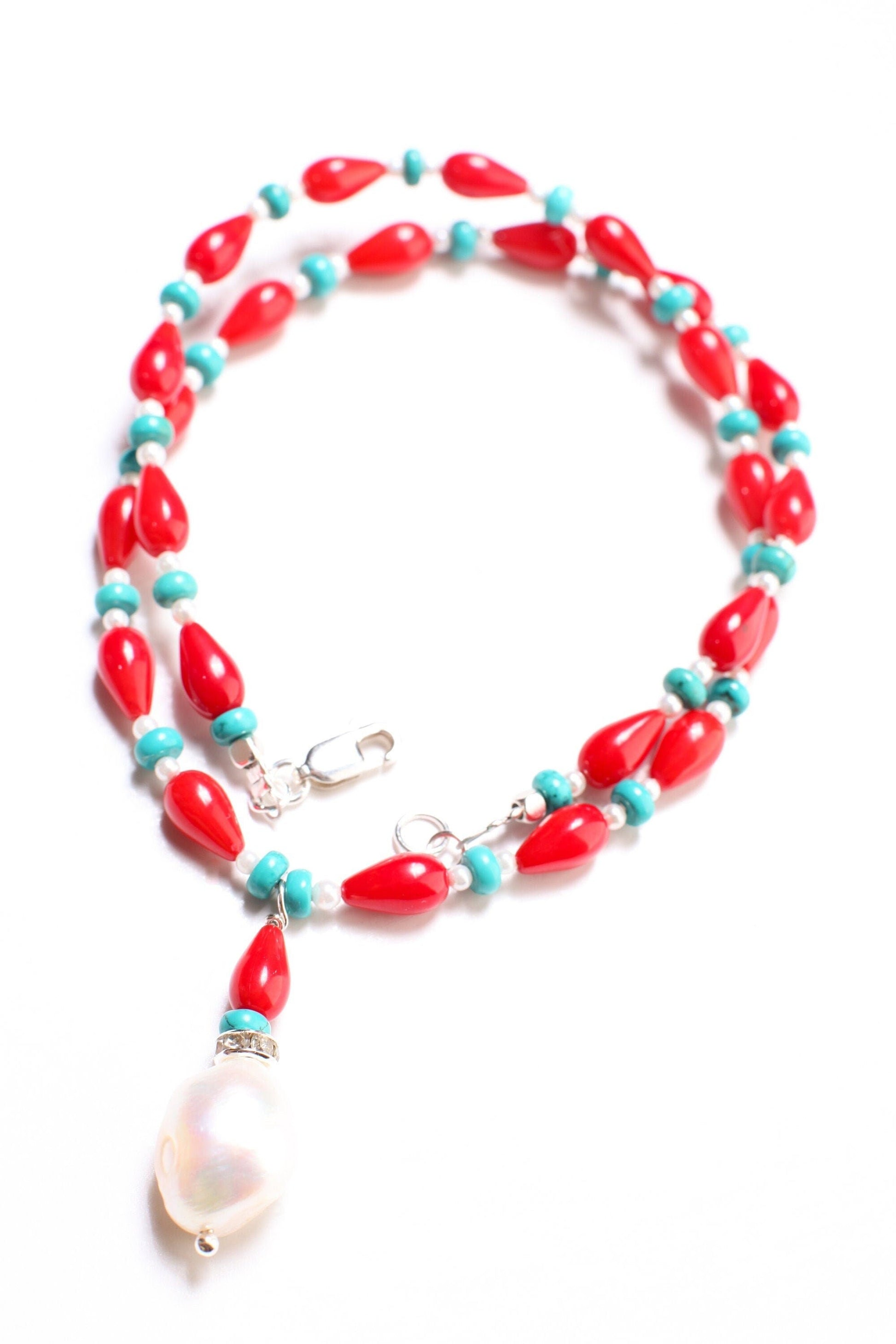 Genuine AAA Red Bamboo 5x9mm Coral Tear drop with Turquoise 4mm Roundel & Fresh Water pearl Spacers, 925 Sterling Silver Necklace 14-30&quot;