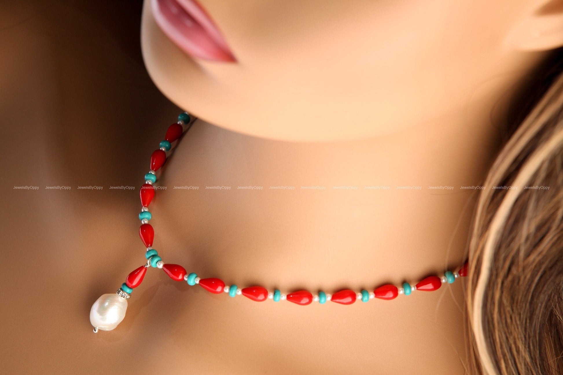 Genuine AAA Red Bamboo 5x9mm Coral Tear drop with Turquoise 4mm Roundel & Fresh Water pearl Spacers, 925 Sterling Silver Necklace 14-30"