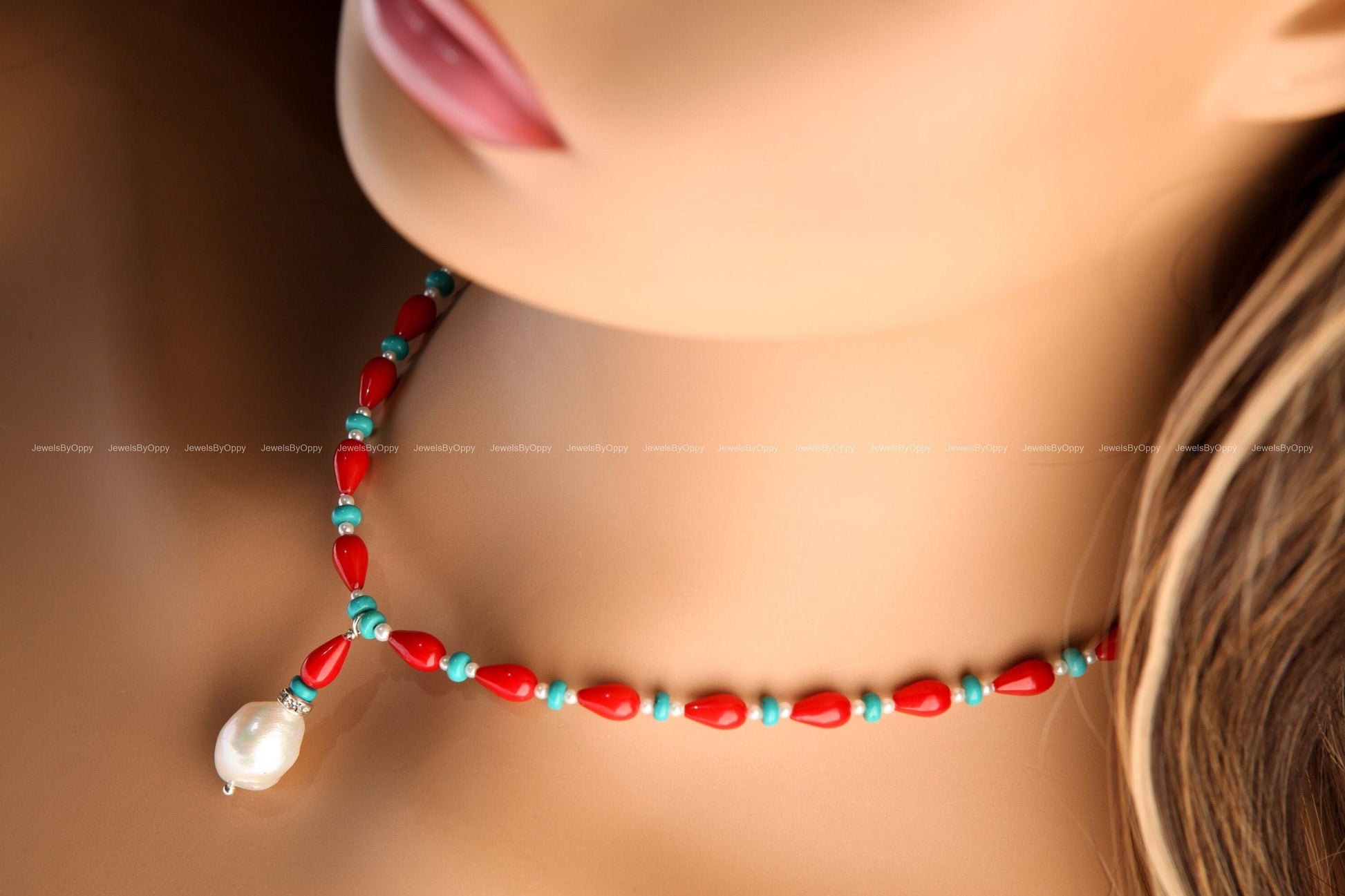 Genuine AAA Red Bamboo 5x9mm Coral Tear drop with Turquoise 4mm Roundel & Fresh Water pearl Spacers, 925 Sterling Silver Necklace 14-30&quot;