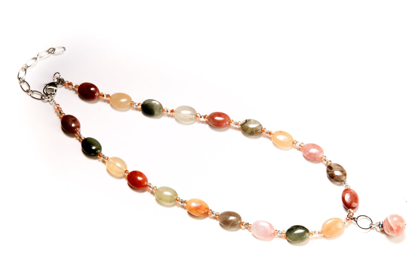 Natural Multi Rutilated Quartz Smooth AAA Oval, accent Peach Moonstone Pendant with Rhodium Clasp 18" Necklace with 2" Extension Chain