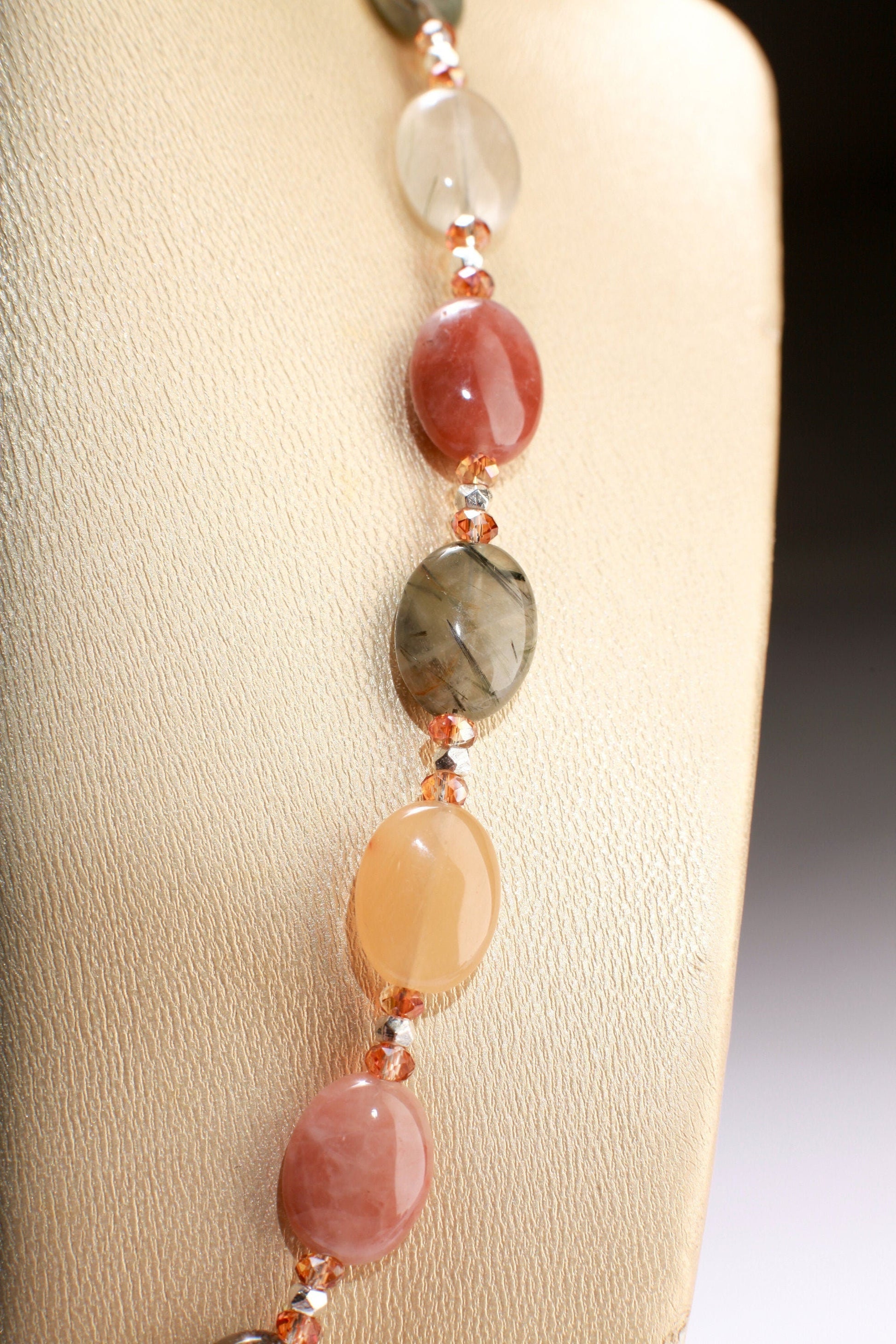 Natural Multi Rutilated Quartz Smooth AAA Oval, accent Peach Moonstone Pendant with Rhodium Clasp 18&quot; Necklace with 2&quot; Extension Chain