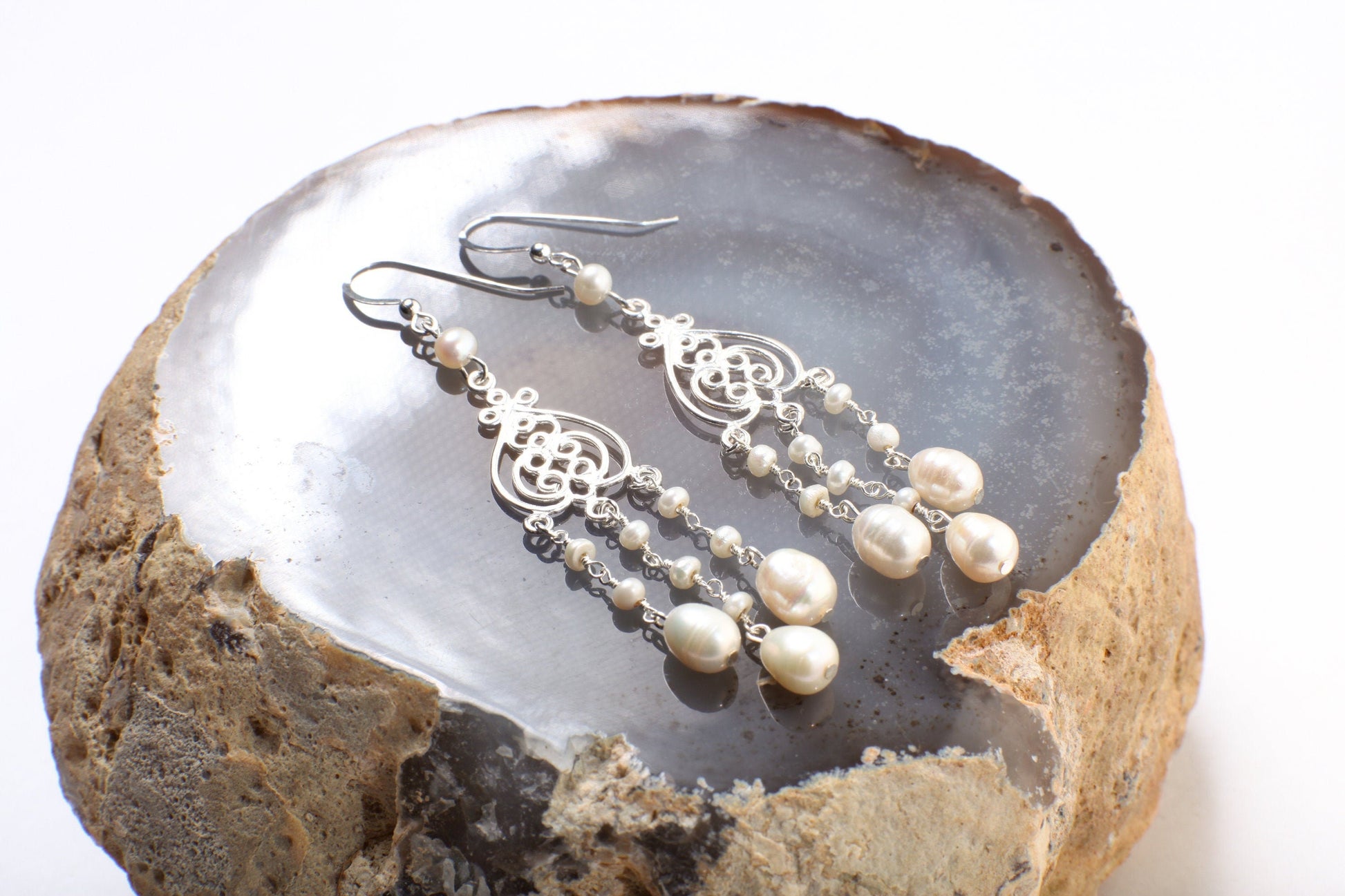 Genuine Freshwater Cultural Pearl Earrings, Freshwater Pearl Earrings in 925 Sterling Silver Chandelier and Earwire, Handmade Gift for Her