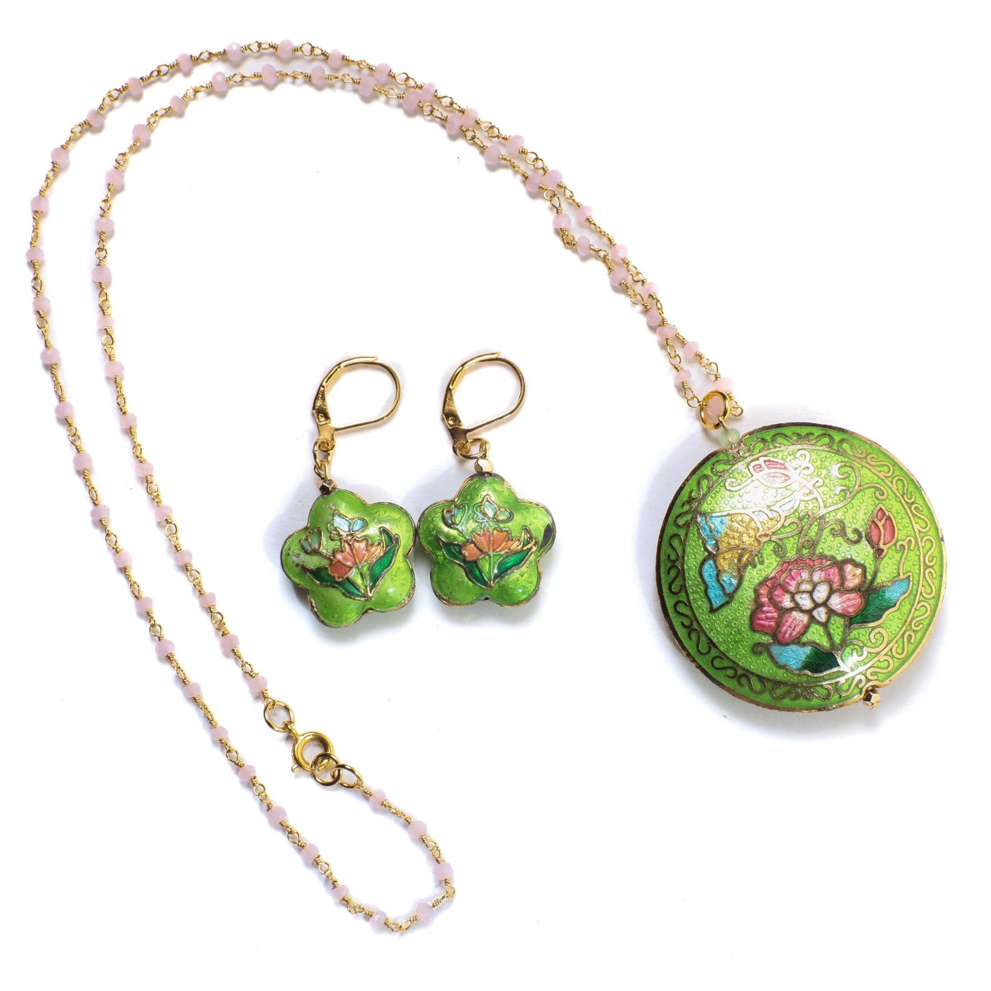 Traditional Cloisonné Pendant Vintage Floral Flowers Pink Revisable Focal with Beaded Chain Necklace 20&quot; and matching Earrings set