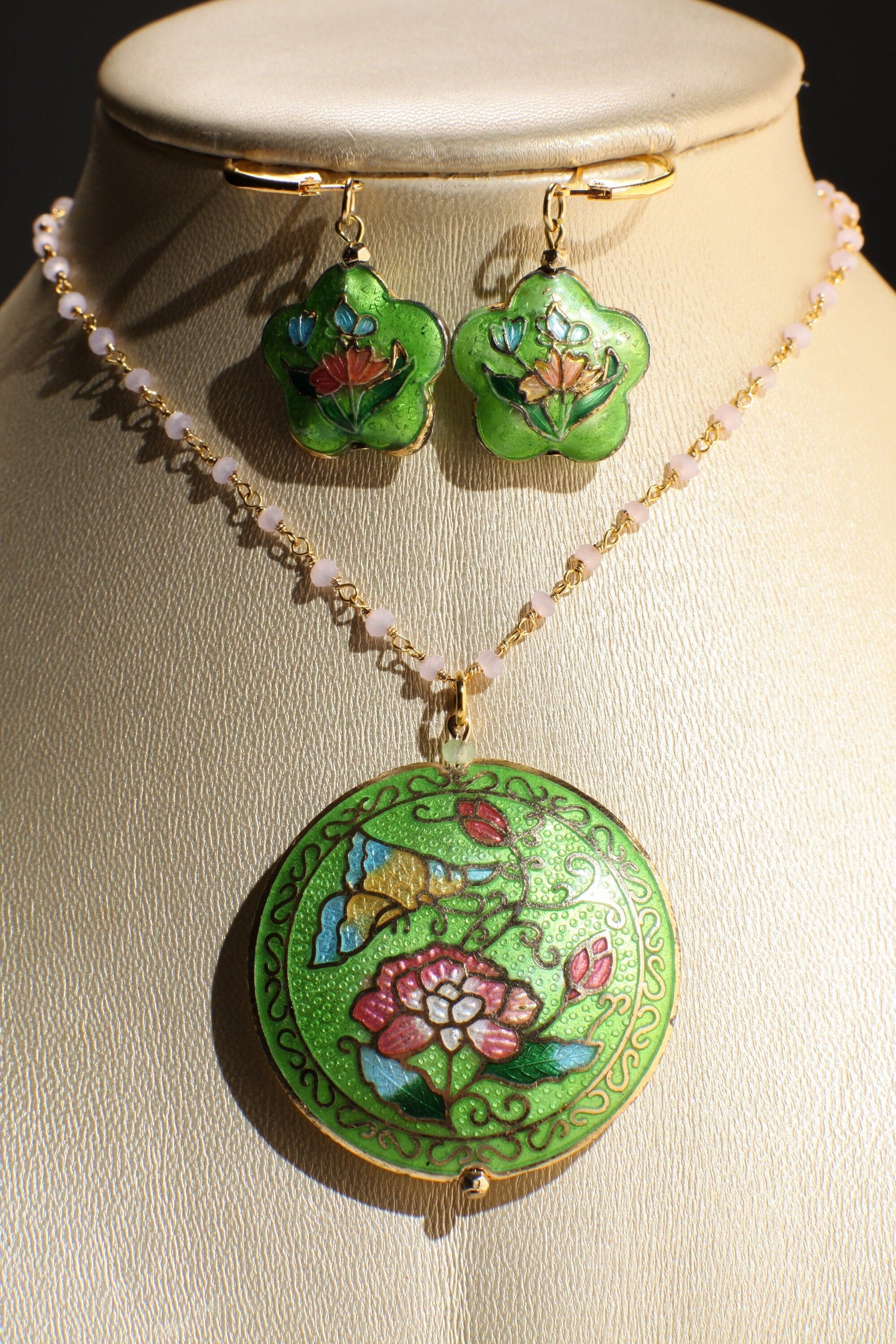 Traditional Cloisonné Pendant Vintage Floral Flowers Pink Revisable Focal with Beaded Chain Necklace 20" and matching Earrings set