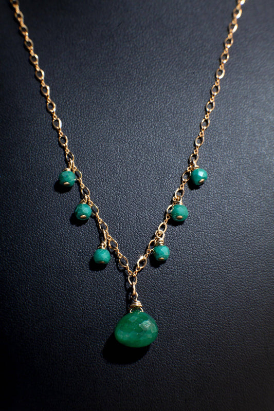 Emerald Briolette Necklace, Natural Emerald Faceted Onion Shape Teardrop & Rondelle Dangling, 14K Gold Filled Figure 8 Gemstone 18&quot; Necklace