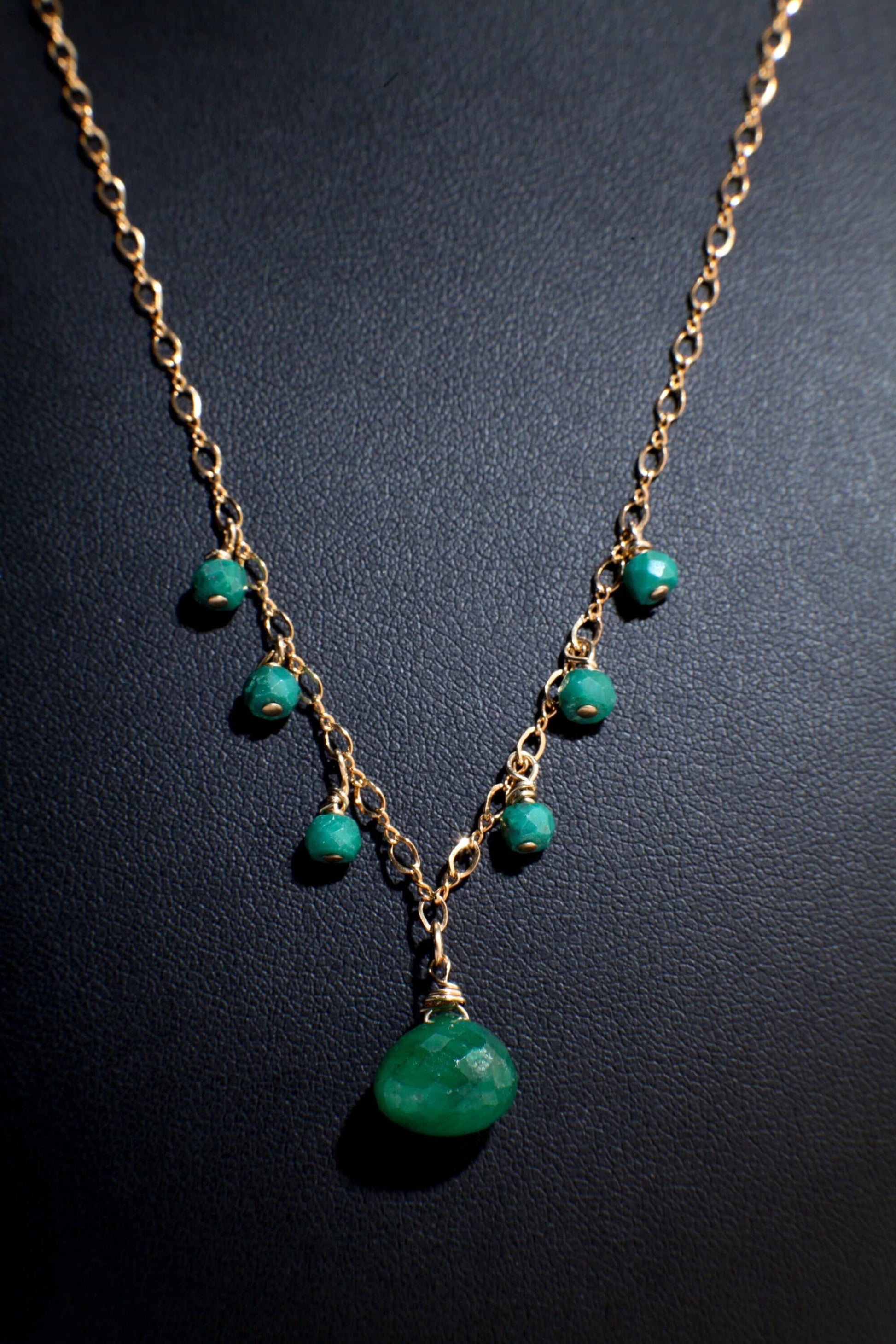 Emerald Briolette Necklace, Natural Emerald Faceted Onion Shape Teardrop & Rondelle Dangling, 14K Gold Filled Figure 8 Gemstone 18" Necklace