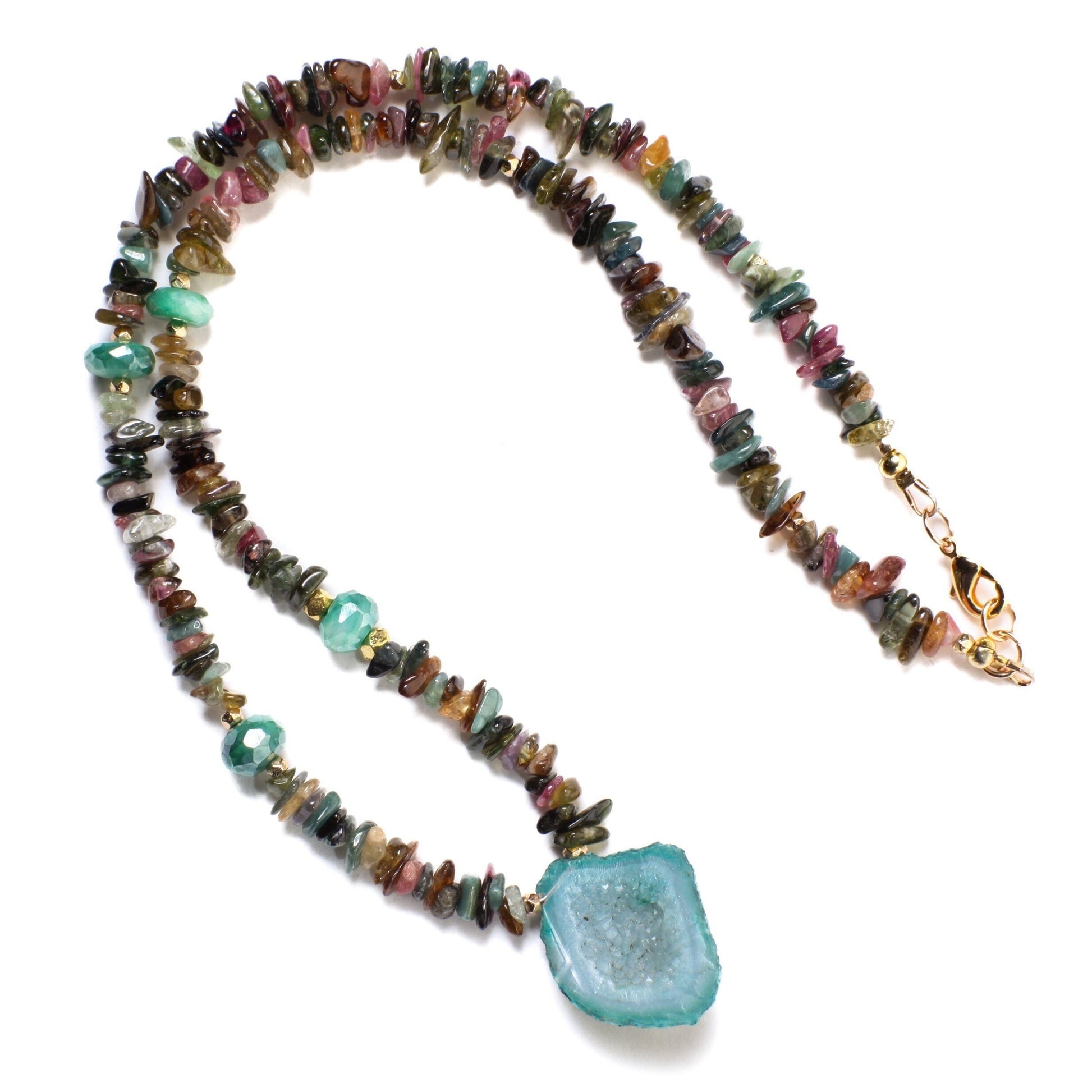 Watermelon Multi Tourmaline Raw Nugget chips, Faceted Green Moonstone Accents Beads, Druzy Agate Geode Gemstone Pendant 20.5" Necklace